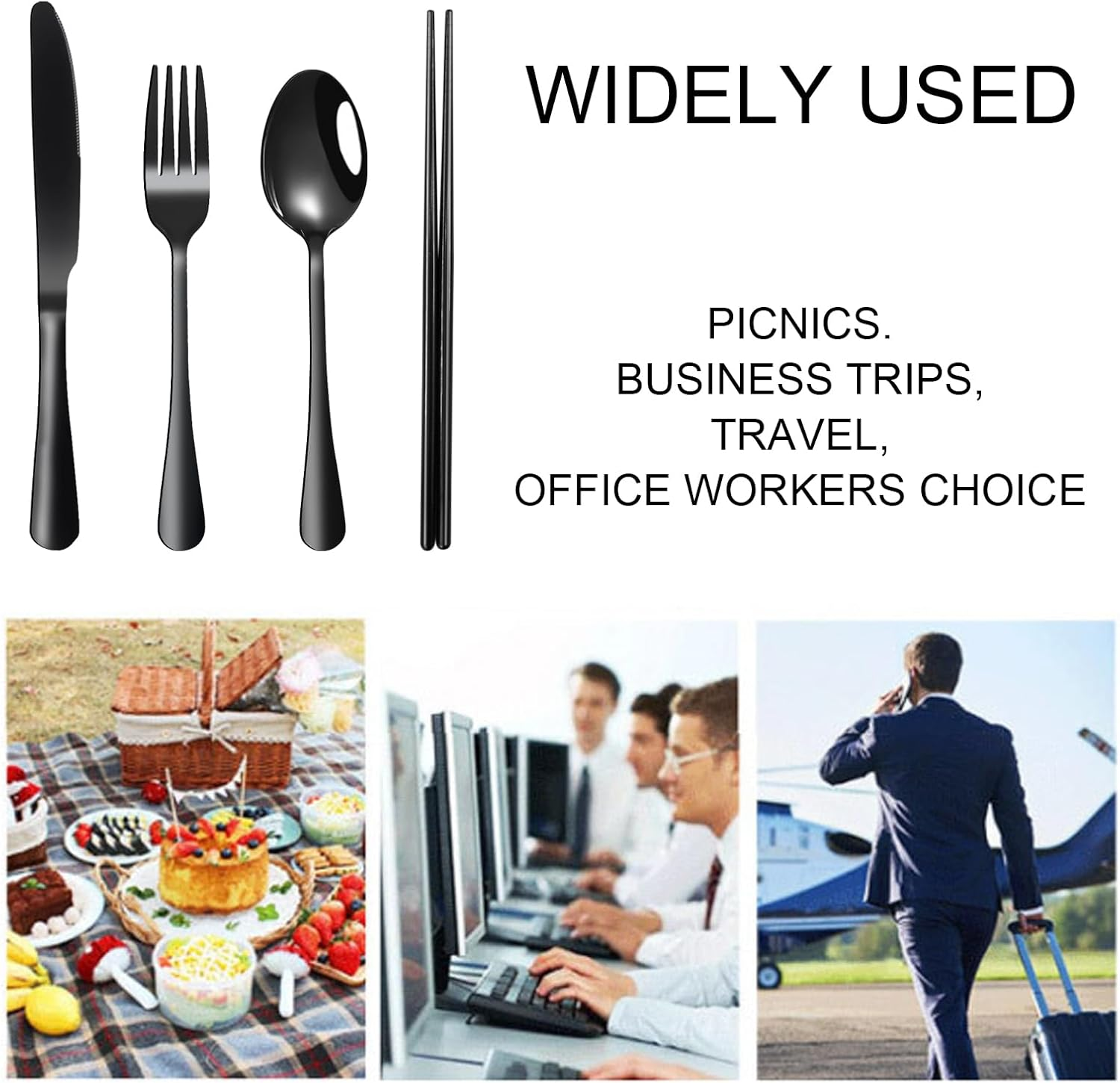 VANRA Portable Travel Utensils Set with Case 4-Piece Stainless Steel Camping Cutlery Set Reusable Silverware Set for Work Fork Spoon Knife Chopstick for Lunch Box School Picnic (Black) - Silver image number 3