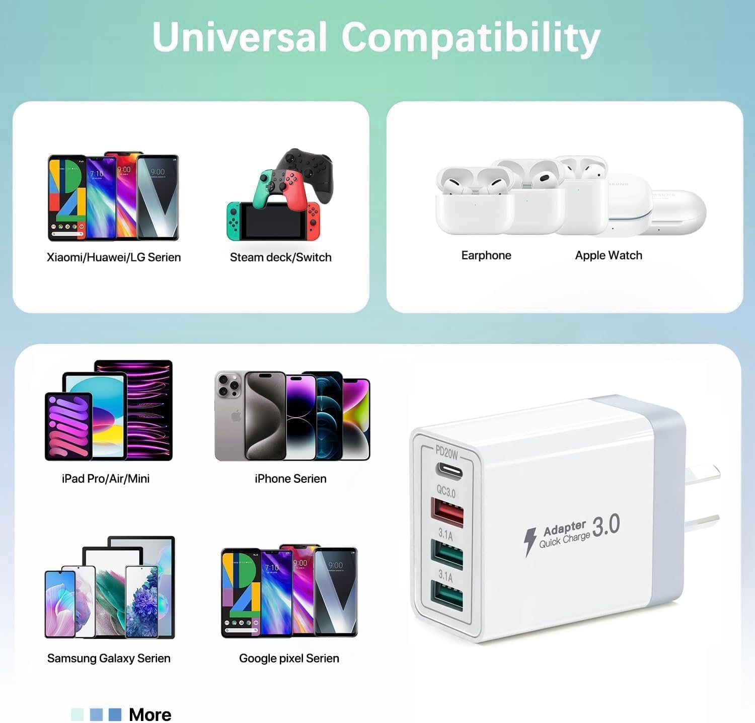 USB Wall Charger,35W QC 3.0 4 Ports USB Power Adapter[20Wpd+Qc3.0+3.1A], Fast Charger Plug Compatible with Iphone 14/13/12/11/Xs/Xs Max/Xr/X/Samsung Galaxy S23/S22/S21/S20/Google Pixel and More