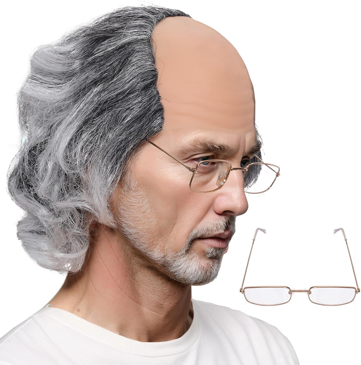 Dqwtb Short Curly Old Man Bald Cap Wig Mad Gray Scientist Synthetic Balding Anime Cosplay Halloween Costume Wigs image number 5