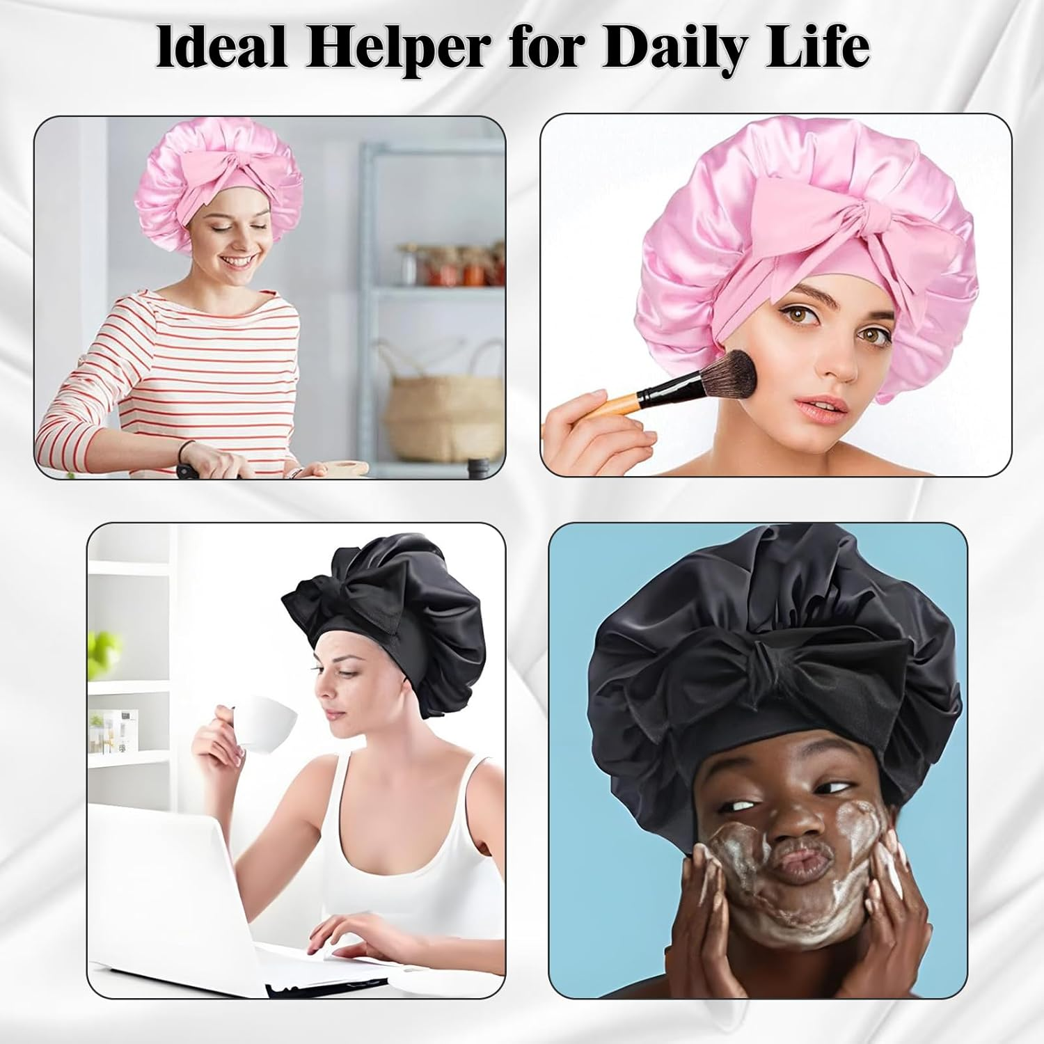 Waytiffer 2PCS Satin Silk Bonnet for Sleeping Jumbo Satin Bonnet, Silk Hair Bonnets Night Sleep Cap for Large Satins Shower Cap for Women （Black&Pink）