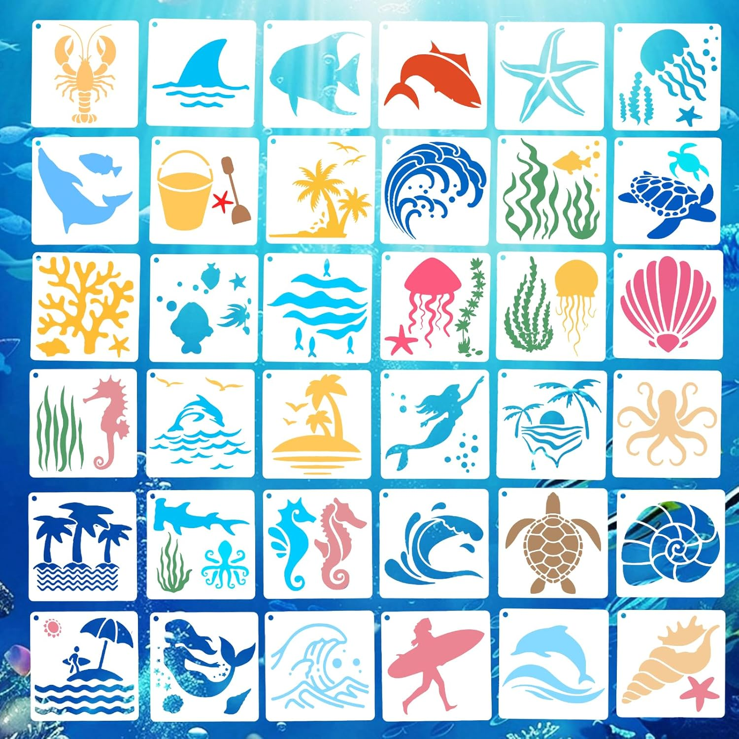Dayker 36PCS Ocean Creatures Stencils, Reusable Plastic Sea Animal Pattern Drawing Templates, Marine Life DIY Craft with 1PC Metal Ring, for Painting on Furniture, Fabric, Wall, Home Decor image number 6