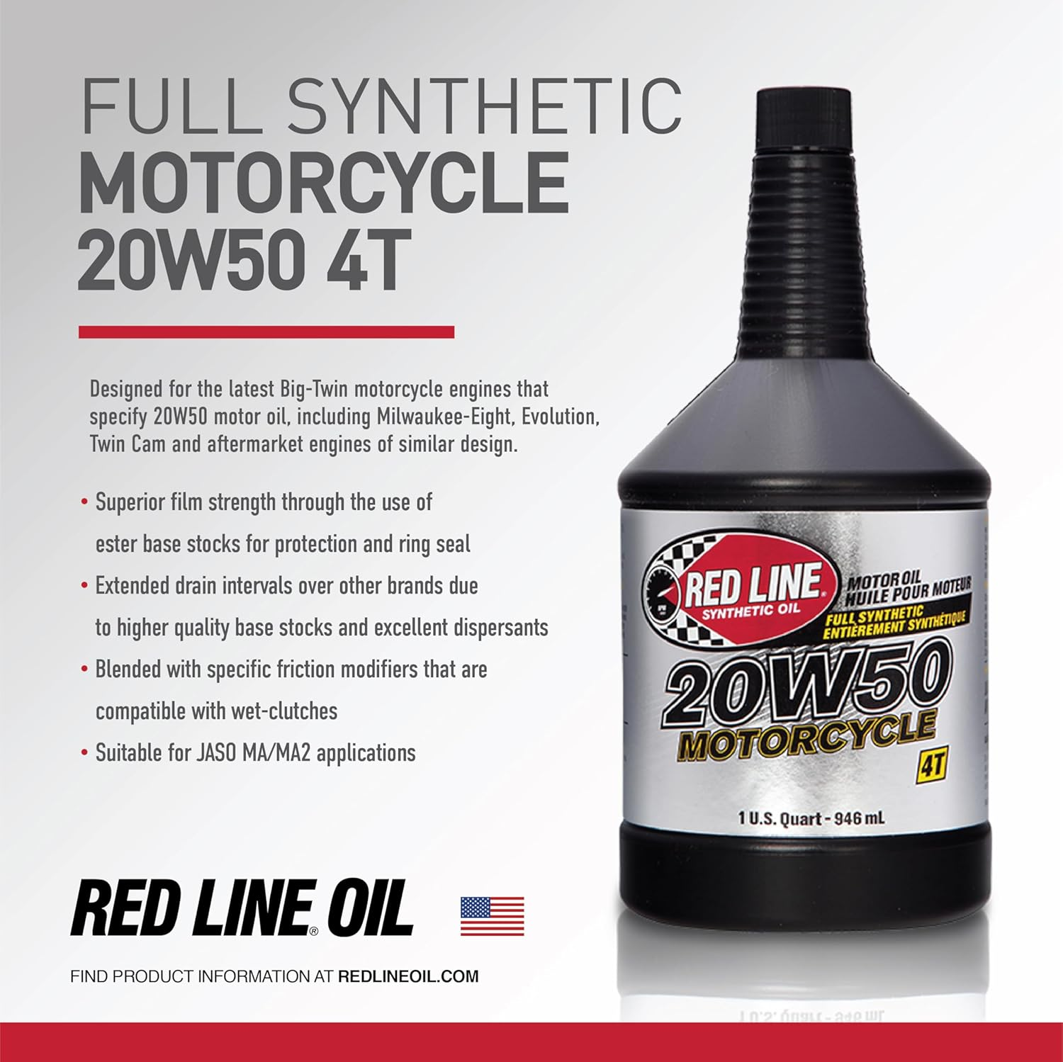 Red Line RED42504 20W-50 Motorcycle Oil - 1 Quart Bottle image number 2