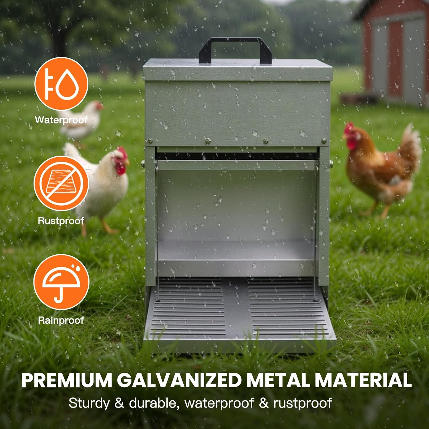 Advwin Automatic Chicken Feeder, 22Kg Capacity, Galvanized Metal Poultry Feeder with Lid & Lock, Weatherproof Outdoor Coop Food Dispenser Suitable for Geese and Ducks