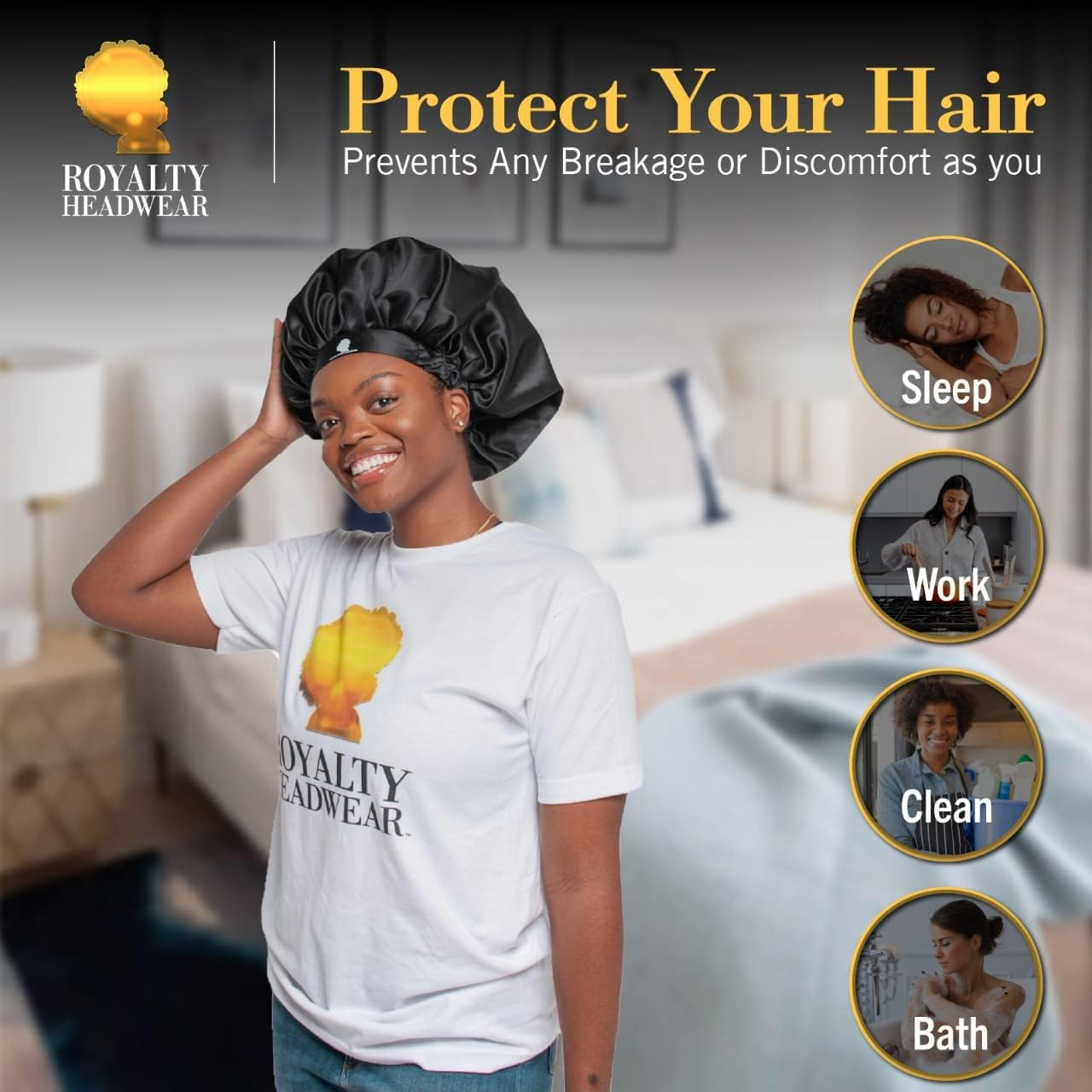 Royalty Headwear Silk Satin Bonnet for Women - Jumbo Extra Secure Non-Slip Satin Hair Bonnet for Sleeping, Bath - Black image number 3