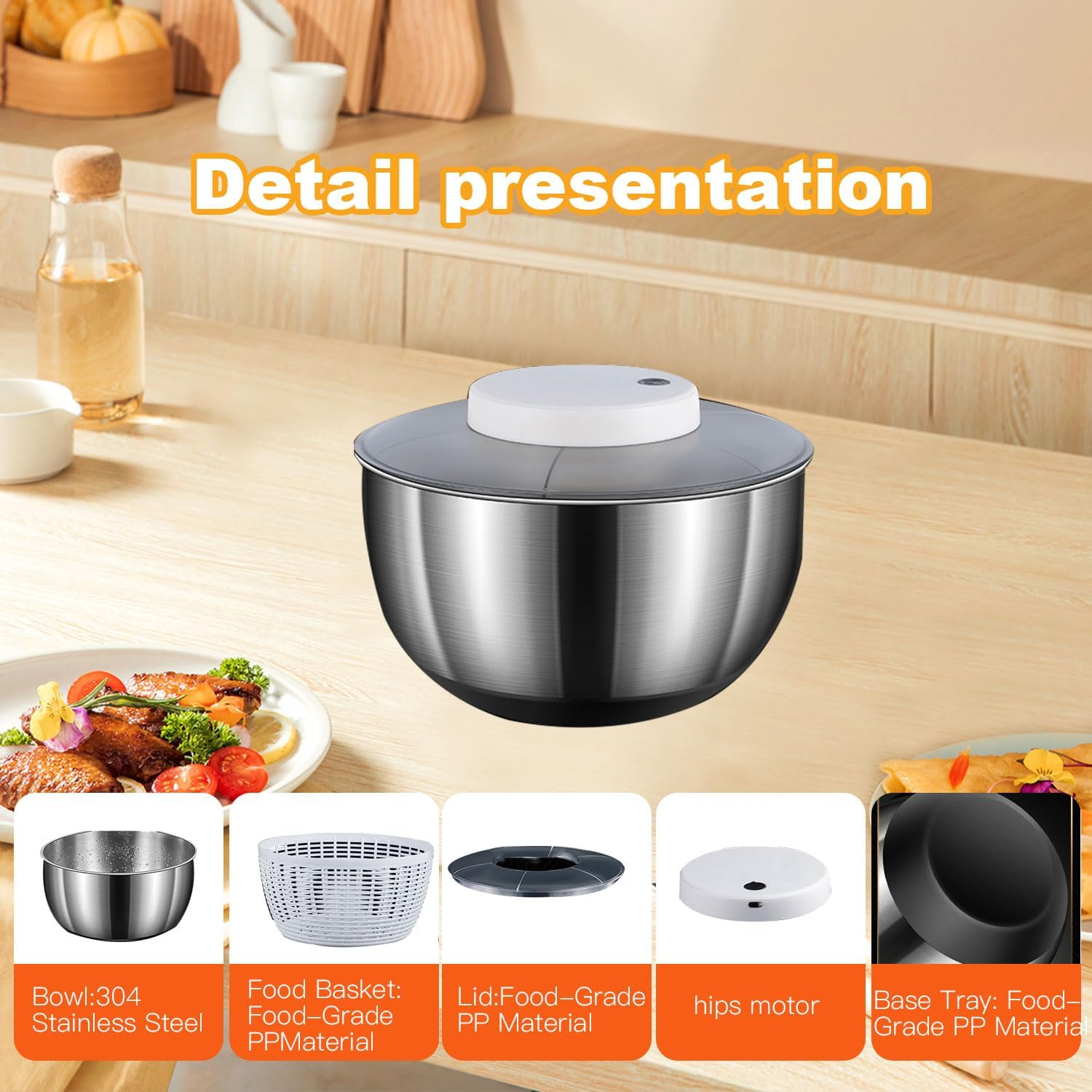 Salad Spinner, Stainless Steel Electric Vegetable Washer Dryer 4.5L Large Capacity Lettuce Spinner with Drainage Basket Salad Dryer Mixer for Vegetables, Herbs, Berries image number 4