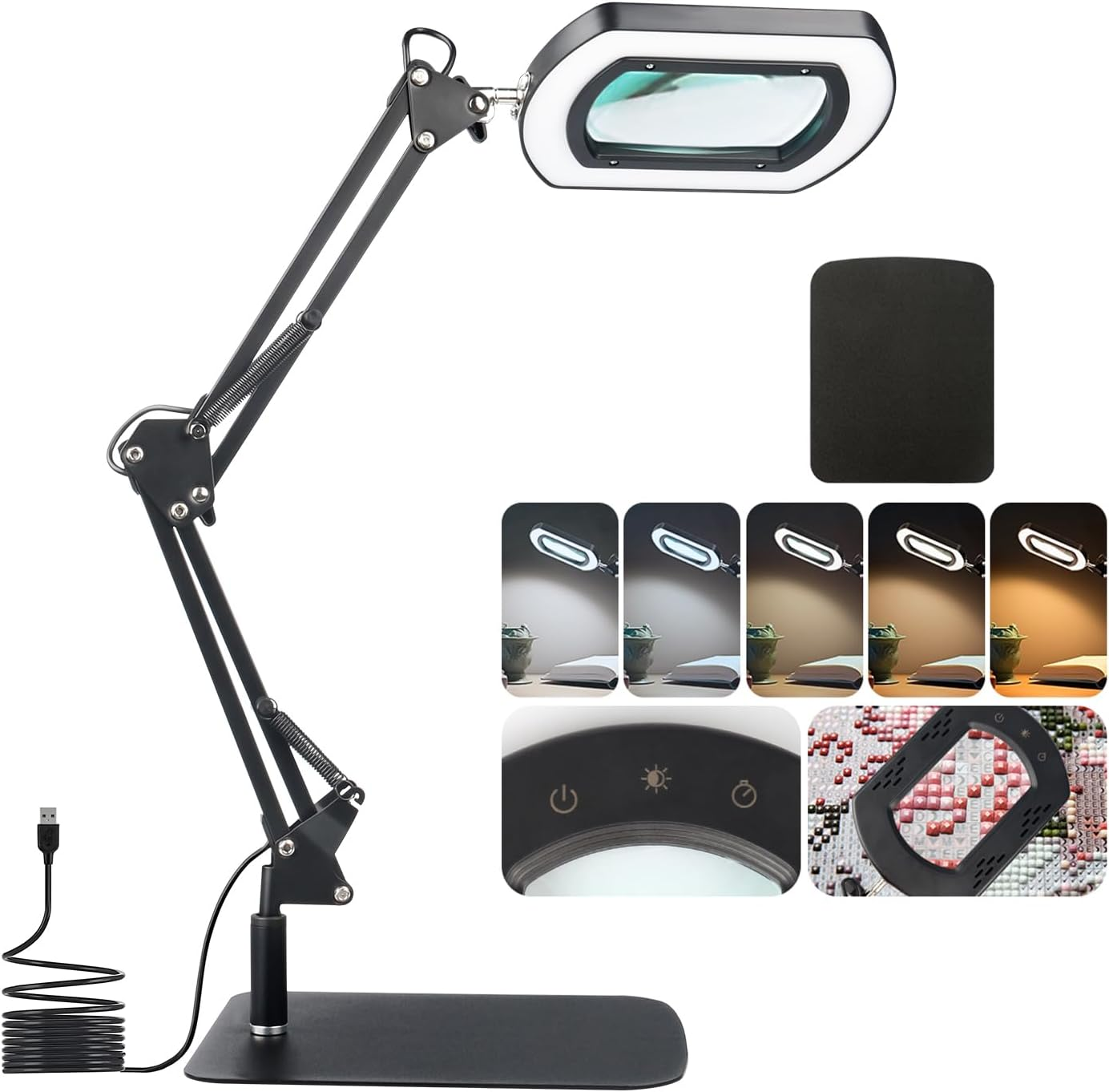 Zhiwei 10 X Rectangle Magnifying Glass with Light and Stand, 2-In-1 Desk Lamp and Clamp, 5 Colour Modes, Continuously Dimmable, Table Magnifier for Crafts, Reading, Repair.