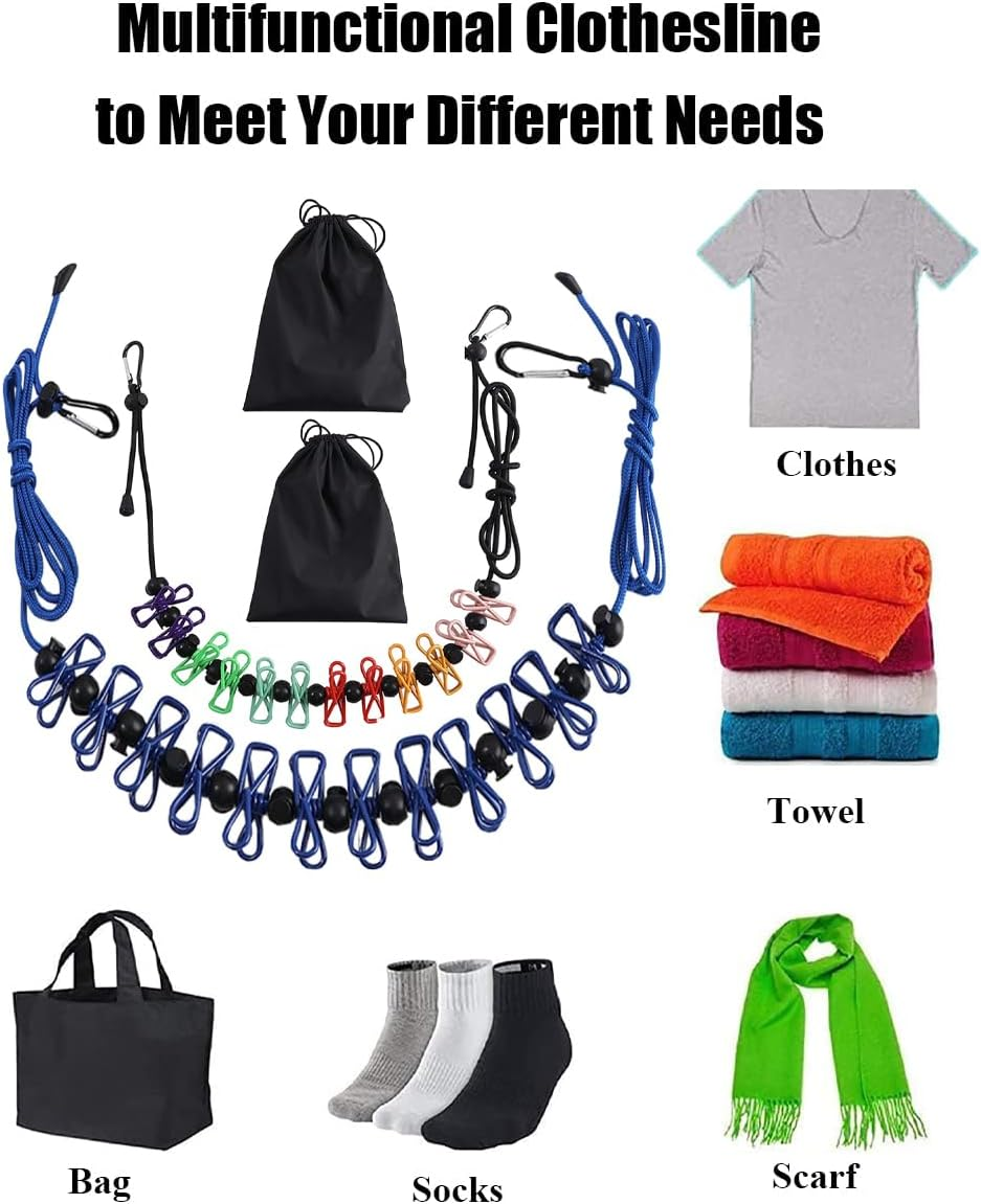 2 Pack Portable Clothesline with Climbing Carabiner Travel Clothesline with 12 Clothespins, Home Retractable Portable Clothesline for Indoor and Outdoor, Outdoor Camping (Blue) image number 4