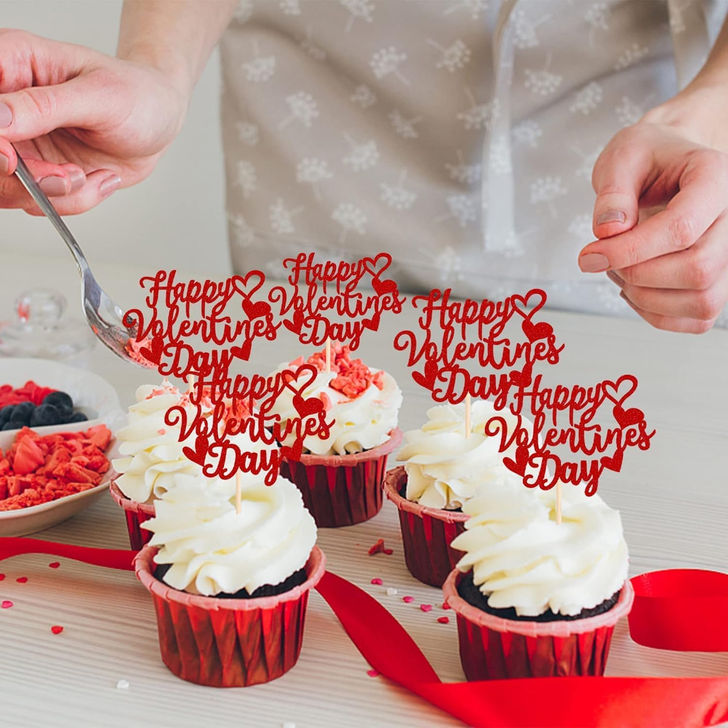 24 Pack Happy Valentine'S Day Cupcake Toppers with Heart Glitter Sweet Love Theme Valentine'S Day Cupcake Food Picks Birthday Party Cake Decorations Supplies Red(#1) - 4 image number 3