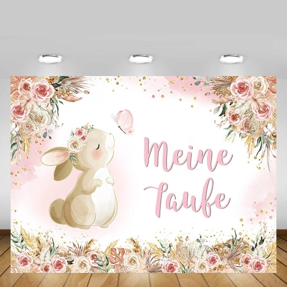 MEHOFOND 2.1 X 1.5 M My Christening Background Pink Rabbit Butterfly Eucalyptus Leaves Flowers Background Boy Girl Newborn Baby Shower First Communion Christening Party Banner Photo Props image number 1