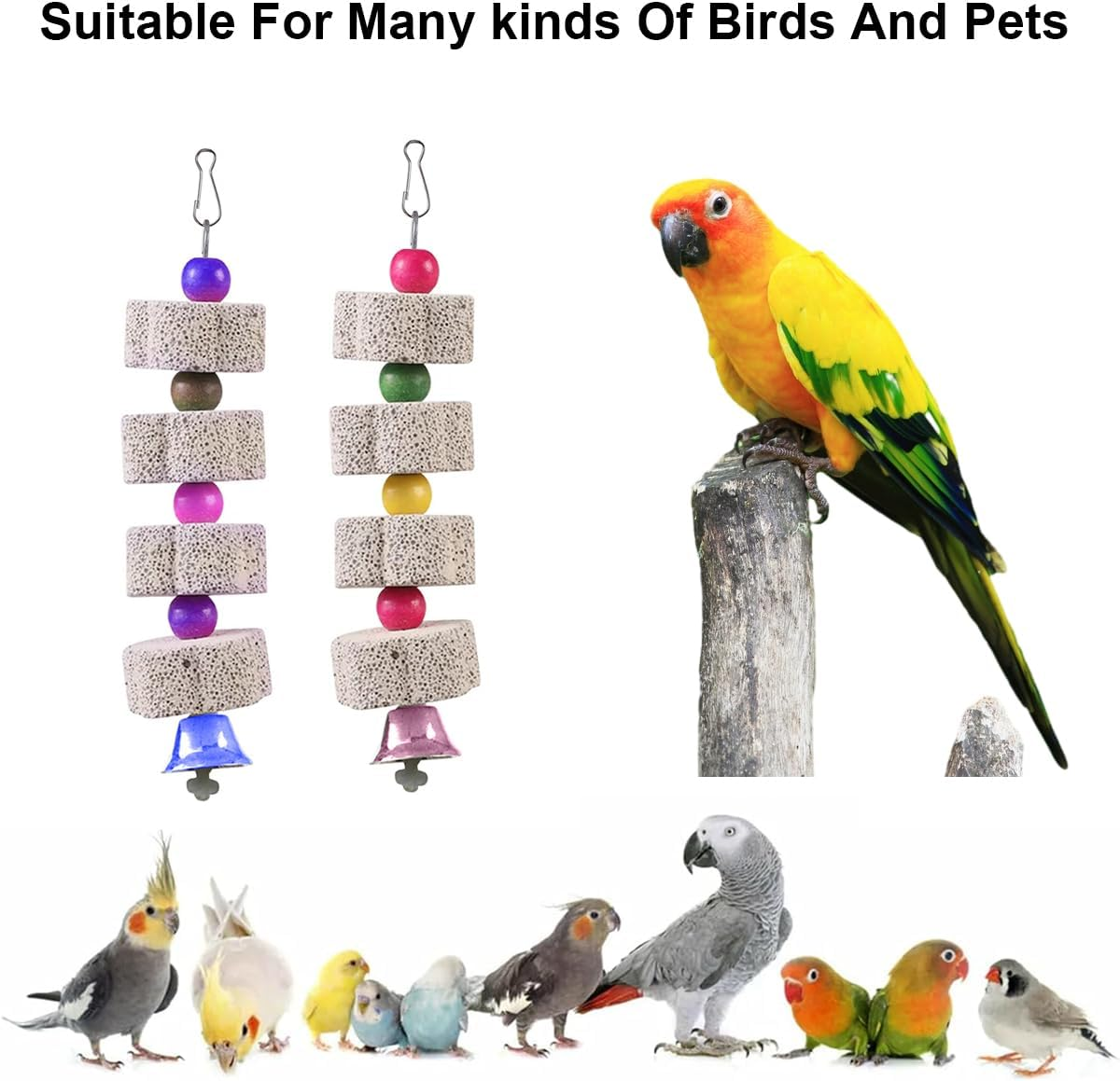 Ruayia Bird Chew Toy, 2 Pieces Birdbeak Whetstone with Bell, Parrot Beak Whetstone for Cockatoo Budgie Parakeet Cockatiel Lovebird, Hanging Swing Bird Cage Accessories image number 2