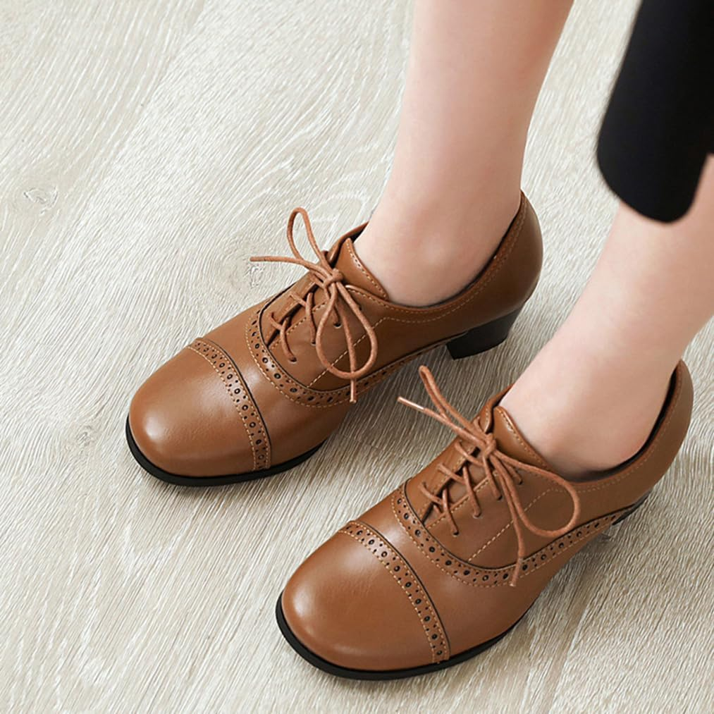 Women'S Oxfords Wingtip Lace up Chunky High Heels Pumps Square Closed Toe Vintage Brogue Dress Shoes image number 5