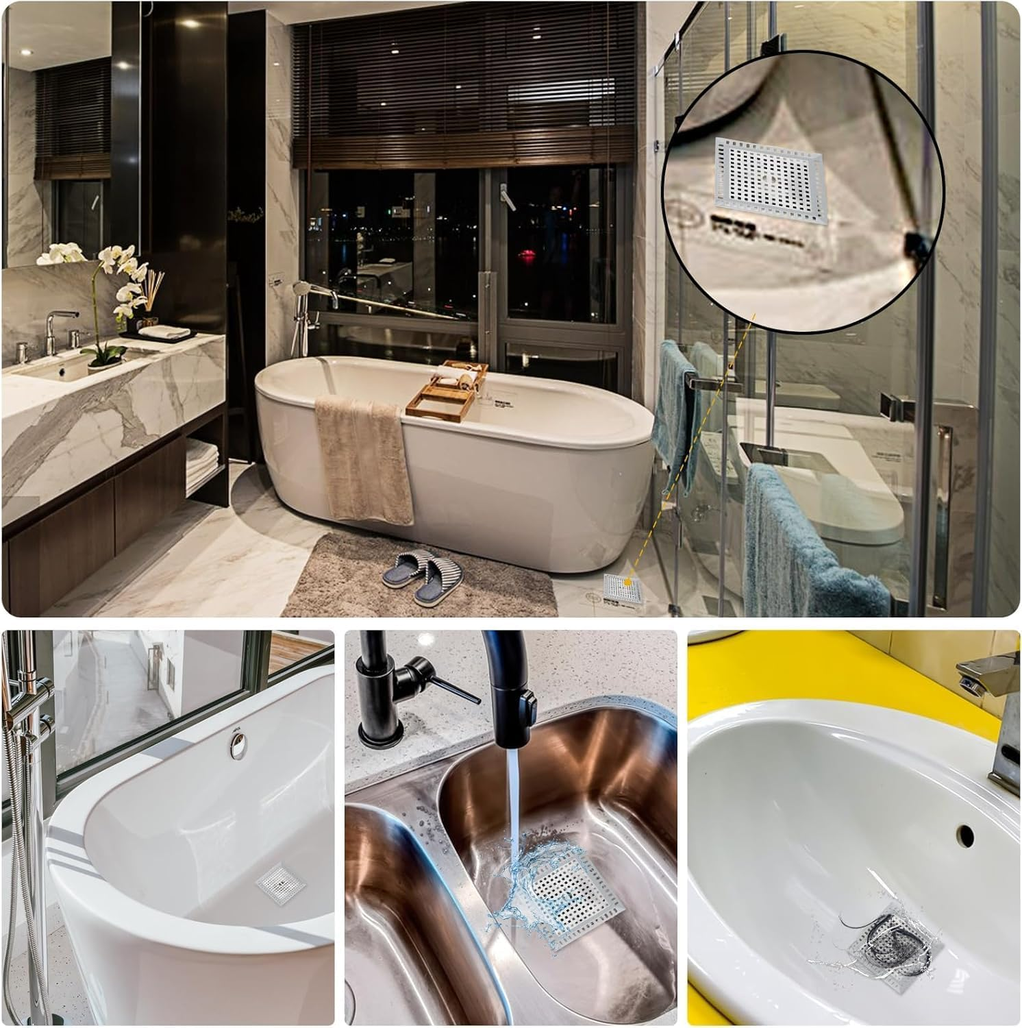 2 Pack Shower Drain Strainer Hair Catcher 4.8Inch Stainless Metal Silicone Strainer Filter Cover Protector Bathtub Stopper for Bathroom Kitchen Floor Drain (White)