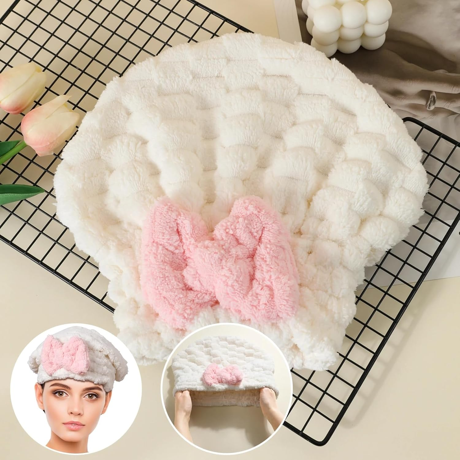 Soft Absorbent Quick Drying Microfiber Hair Towel Wrap, 2Pcs Fast Drying Hair Turban Wrap Towels Shower Cap, Quick Dry Hair Towel Wrap Cap, Fast Coral Velvet Hair Drying Towel