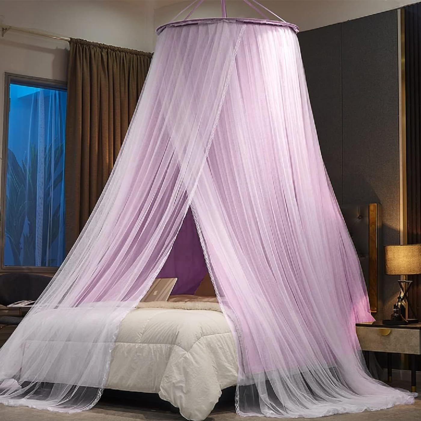 Double Layer Bed Canopy, Elegant Princess round Dome Canopies Netting Large Mesh Bed Curtain Drapes for Kids Adults Children Dreamy Lace Mosquito Nets Bedroom Decoration Castle Play Tent Reading Nook image number 6