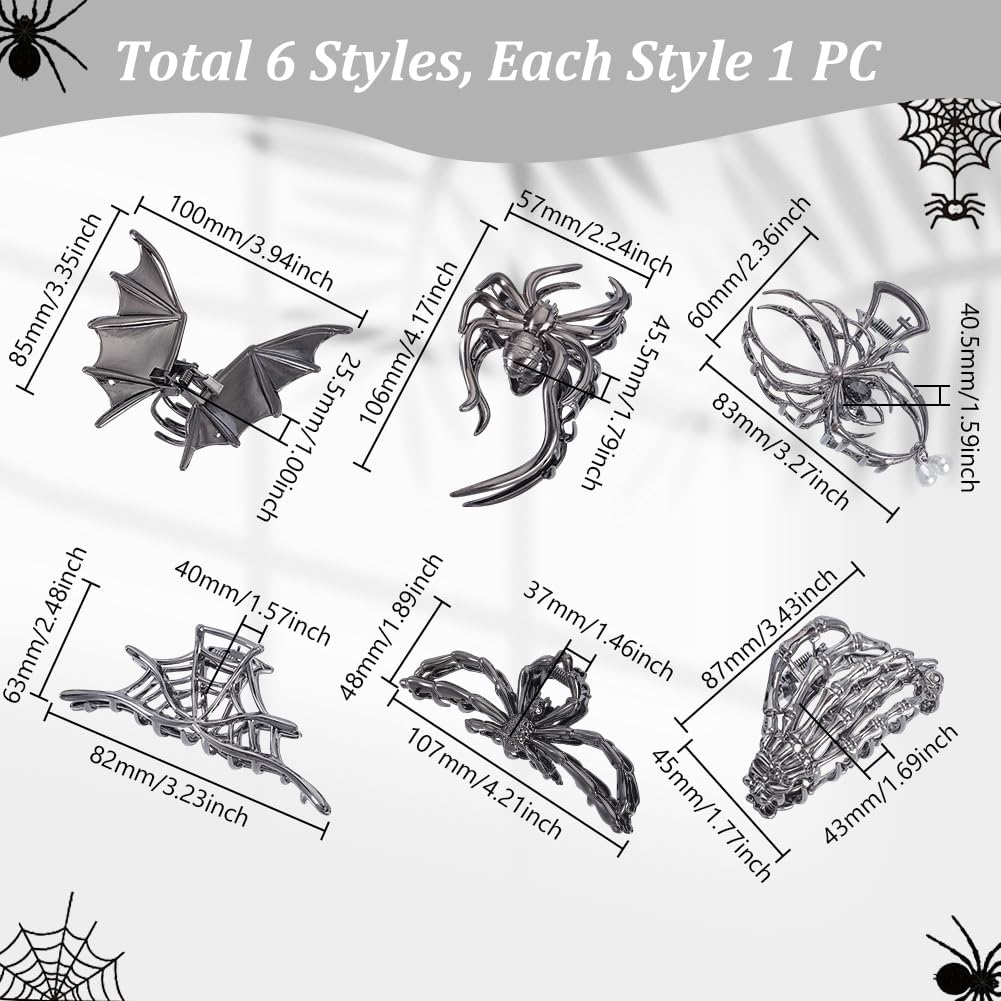 AHANDMAKER 6Pcs 6 Styles Hair Claw Clips, Metal Gothic Nonslip Bat Web Skeleton Spooky Barrettes Halloween Hair Accessories Clawclips for Thick Long Hair Styling Decorations image number 3