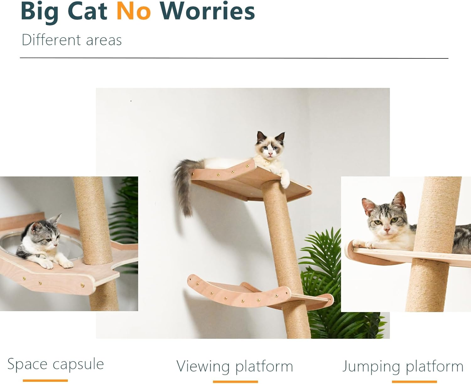 Cat Tree with Hammock, Tall Wall Mounted Wood Scratching Post for Indoor Cats Climbing Activity Tower (Single) image number 5