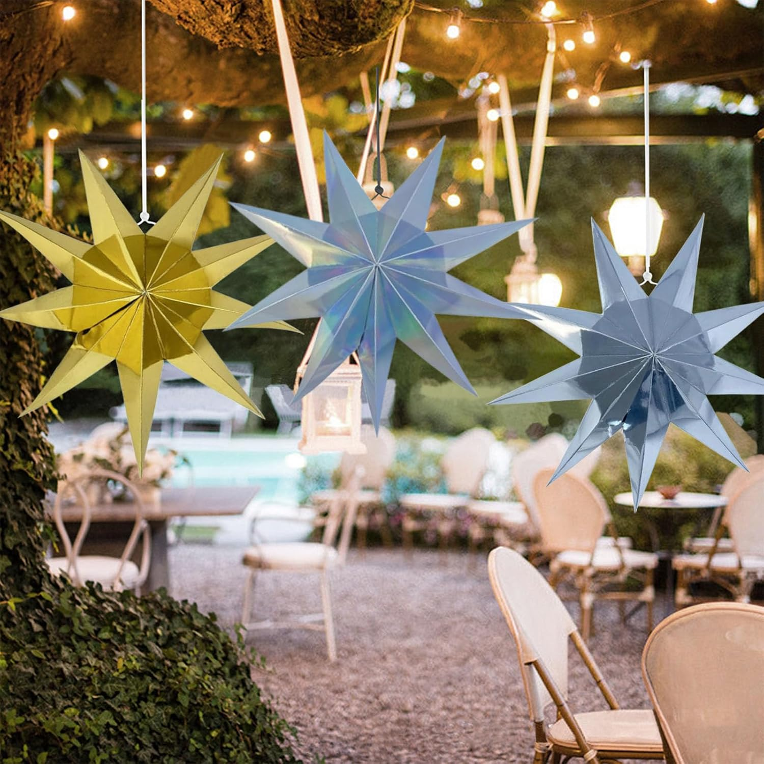 YUESUO 3 Pcs Paper Star 9 Pointed Star Lantern Hanging Christmas Day Decoration for Wedding Birthday Party Home Decor (Gold+Silver+Colorful) - Gold+Silver+Colorful image number 6