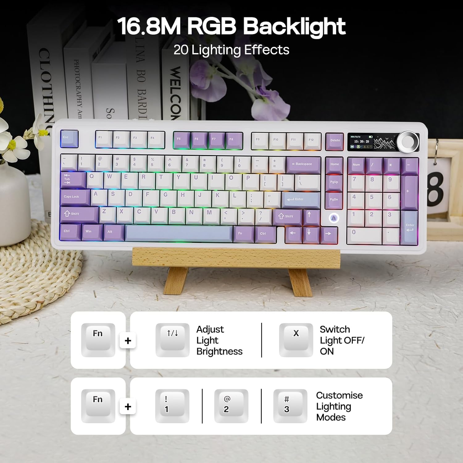 Mechlands AJAZZ AK980 96% Usb-C/Bt5.0/2.4Ghz Wireless Gaming Keyboard with 1.14&rsquo;&rsquo; TFT Screen, Hot Swappable Creamy Mechanical Keyboard with FR4 Plate, Knob, RGB for Win/Mac (White, Gift V2 Switch) image number 4