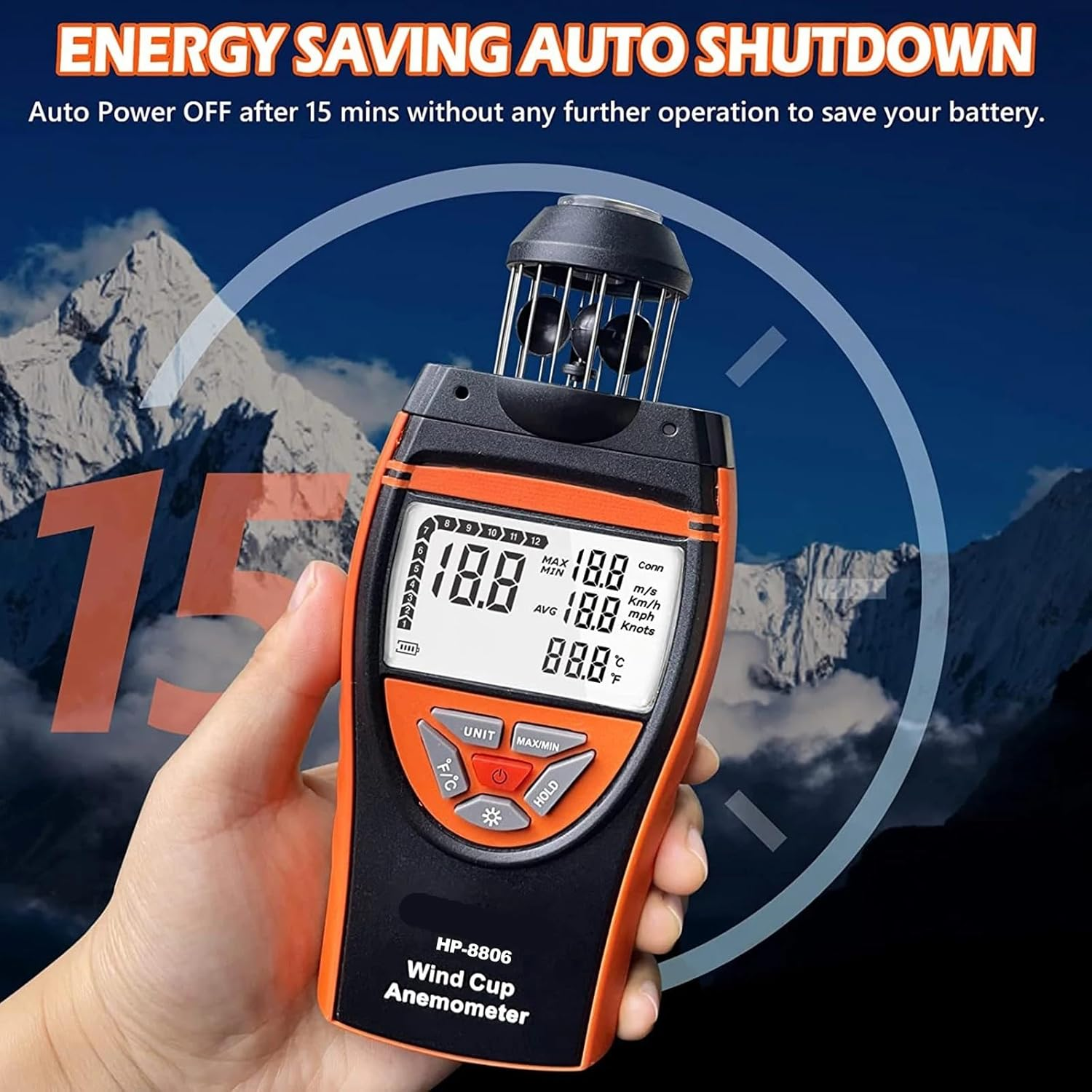 Anemometer with Temperature Measurement, Wind Speed Meter, Outdoor Wind Gauge, for Mountaineering & Sailing