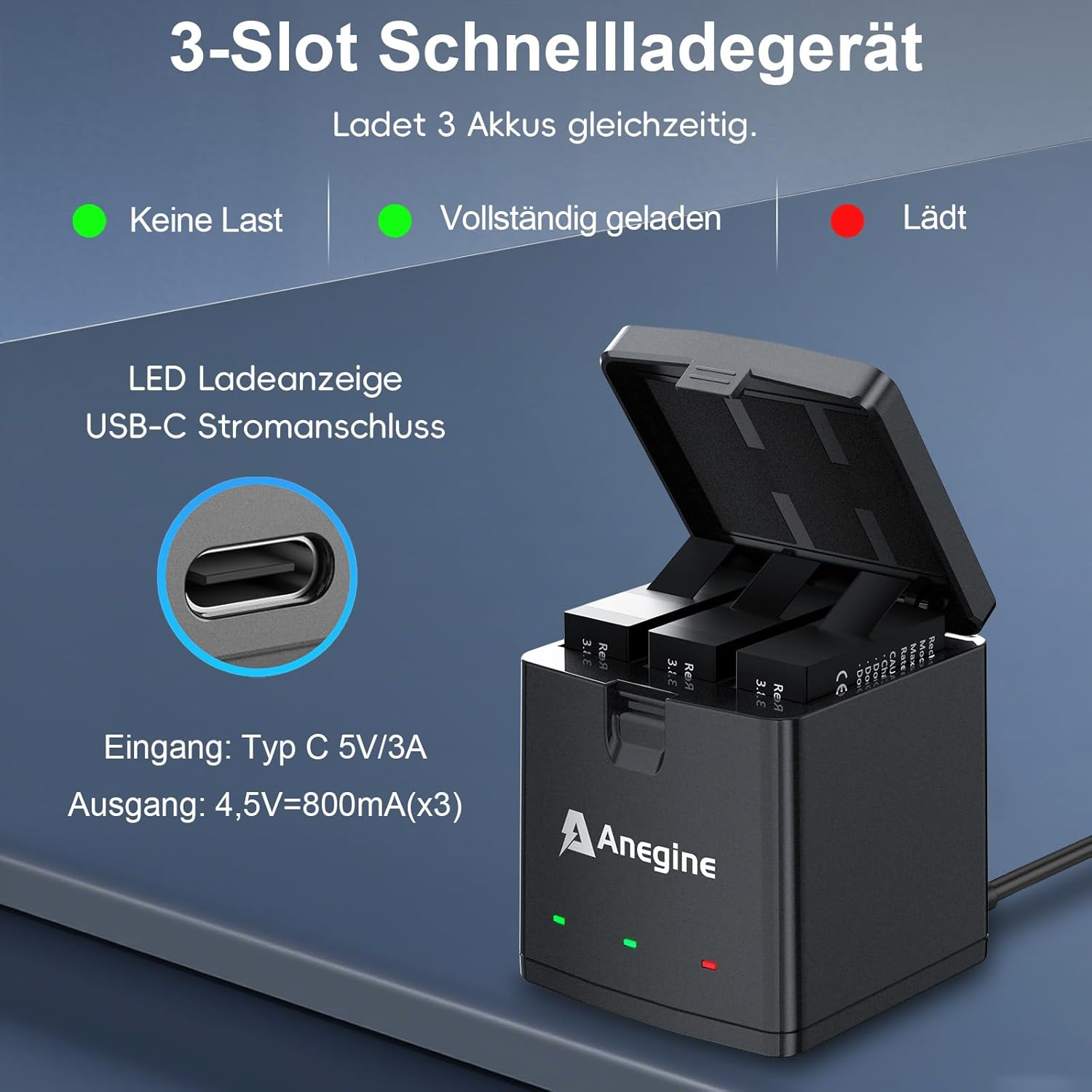 Go Pro Hero 13 Battery 2100Mah and LED 3-Slot Storage Charger for Gopro Hero 13 Black Enduro Rechargeable Battery with Type-C (3-Pack) image number 3