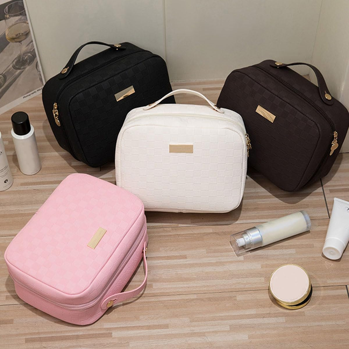 Women'S Pure Color Square Box Large Capacity Cosmetic Bag, Fashionable Portable Multi-Compartment Makeup (Pink) - Coffee image number 5