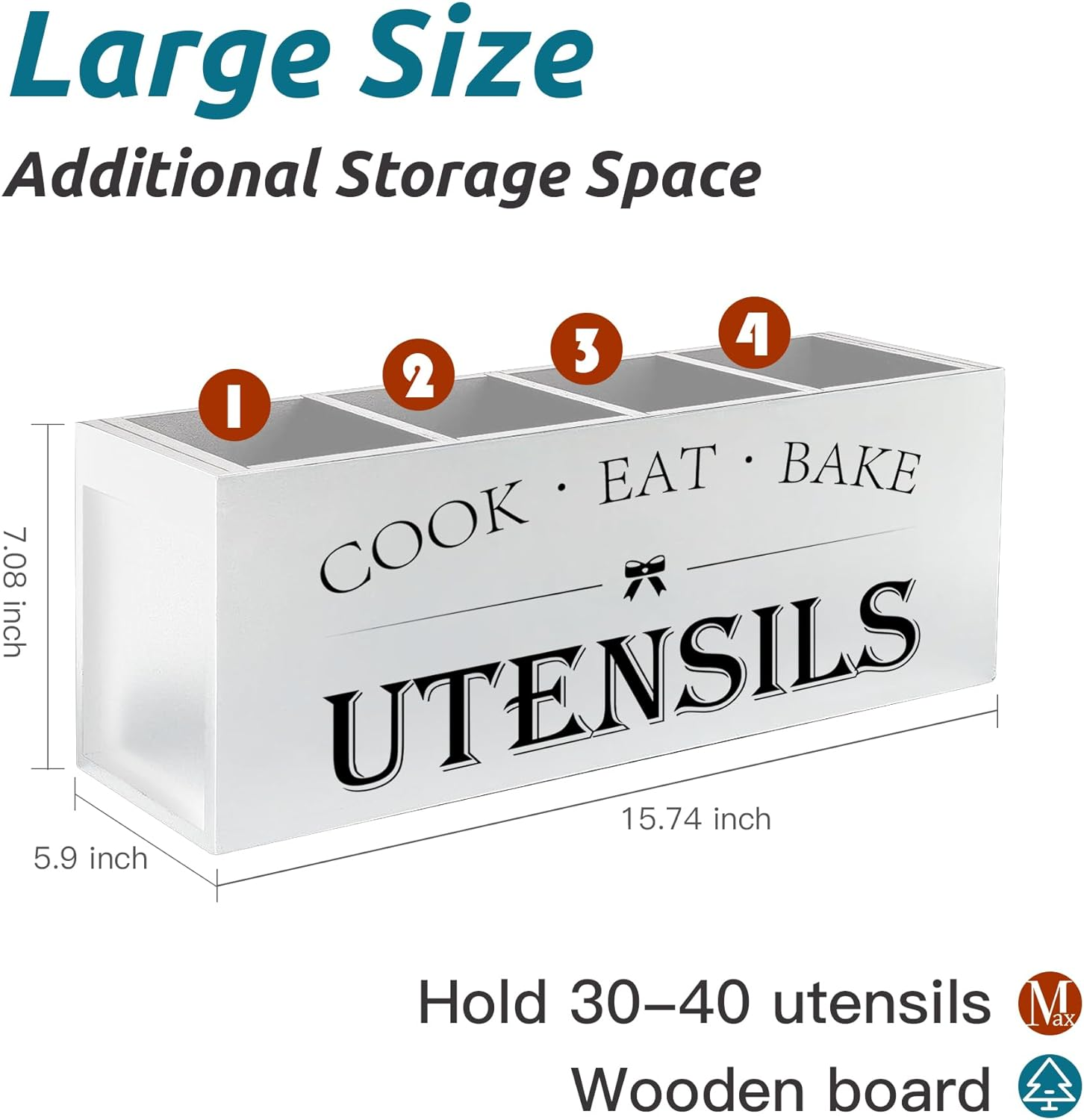 Suli Extra Large Kitchen Utensils Holder with 4 Compartments, Wooden Utensil Organizer for Countertop, Farmhouse Kitchen Decor, Rustic Cooking Utensil - White