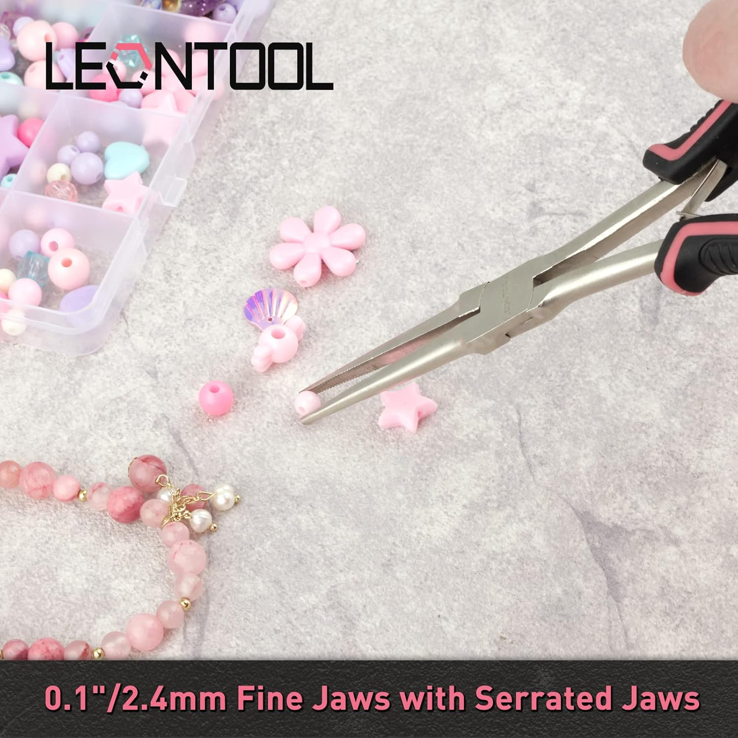LEONTOOL Long Reach Needle Nose Pliers with Teeth 7-Inch Extra Long Needle Nose Plier for Jewelry Making Small Long Reach Long Nose Plier Non-Slip Handles Working in Tight Spaces, Pink Tool for Women image number 1