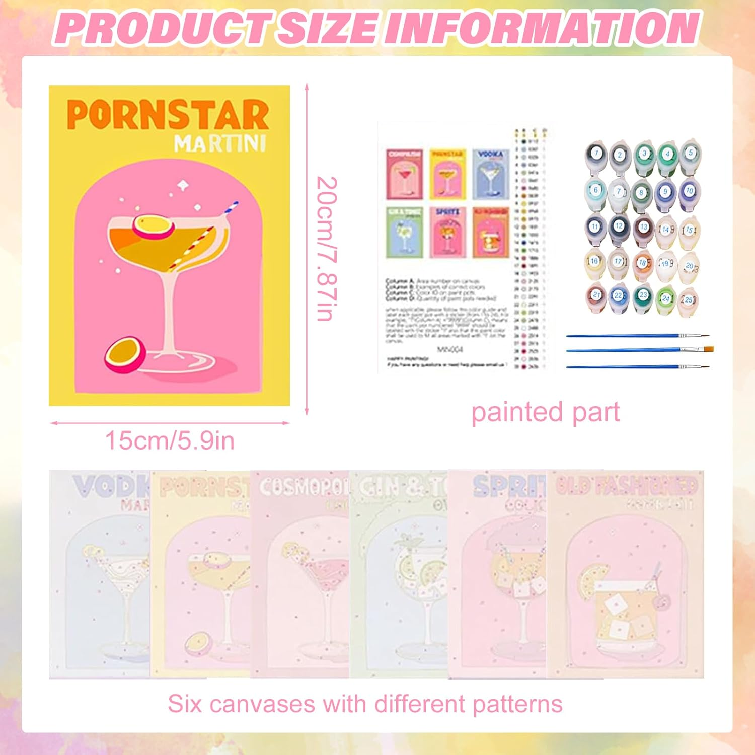 UOY Paint by Numbers, Cocktail Painting by Numbers, 6 Pieces, Paint by Numbers, Adult Painting Set, Painting Adults for Home Decor (15 X 20 Cm) image number 3