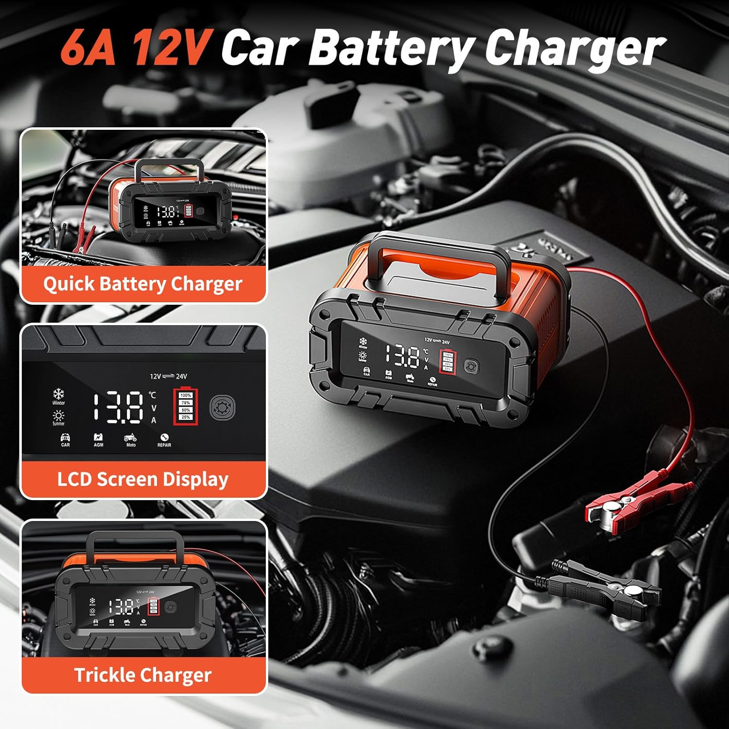 10-Amp Car Battery Charger, 12V/24V Smart Battery Charger Automotive Battery Maintainer with Pulse Repair, Trickle Charger for Car Truck Motorcycle Lawn Mower Boat (Red, Black) image number 1