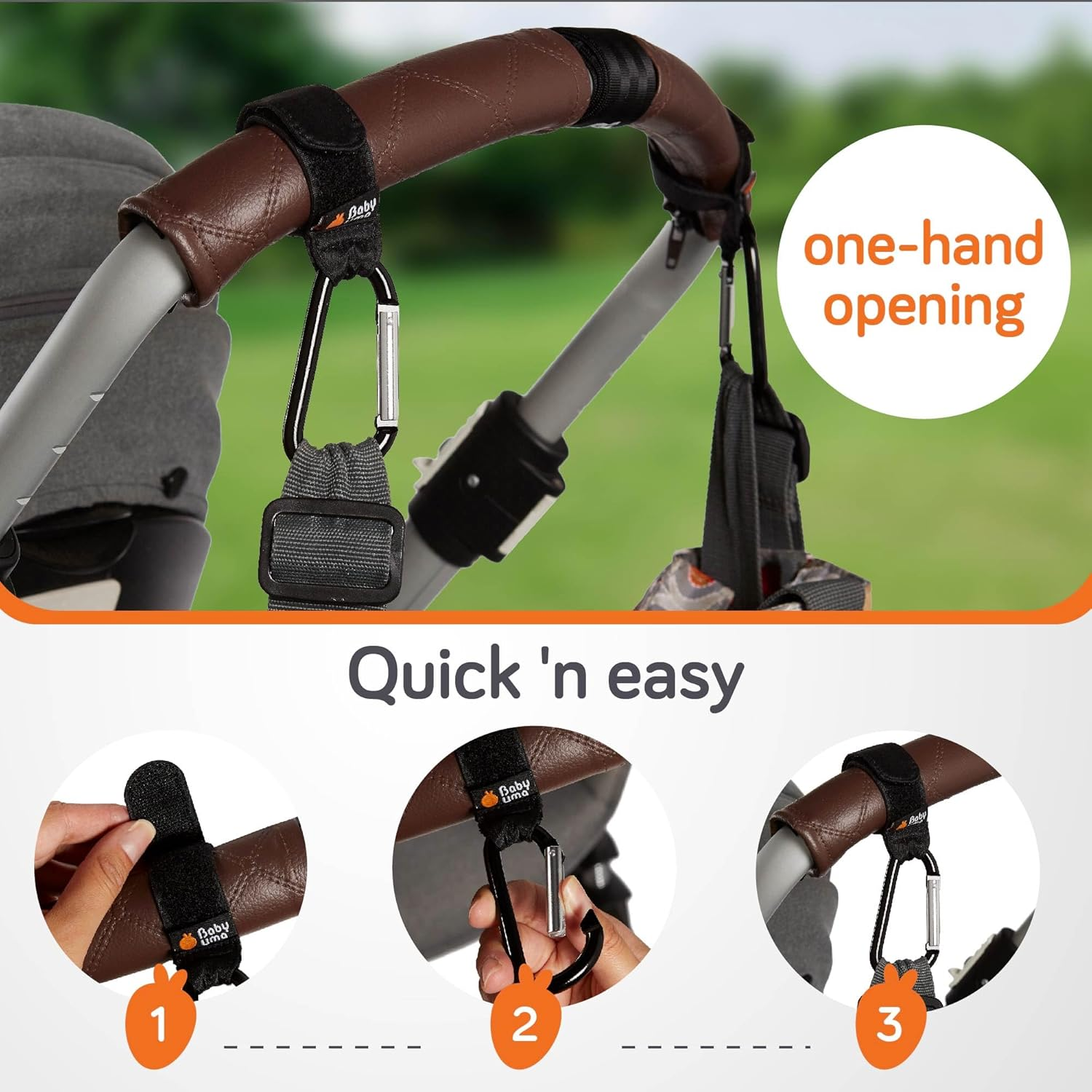 Baby Uma Stroller Hooks for Bags (2 Pack) - Universal Stroller Clips and Hooks, Non-Slip with One-Hand Opening, 11 Lb Weight Capacity, Baby Travel Essential - Black image number 5