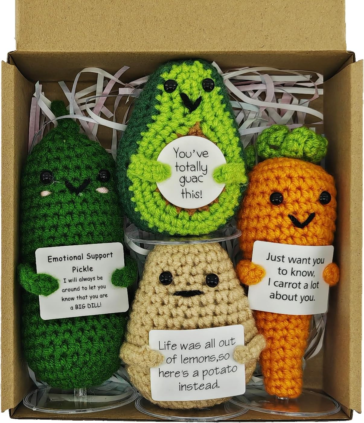 SZMDLX Positive Crochet Potato Cucumber Avocado Carrot, 4PCS Emotional Inspirational Support Cute Stuff, Home Desk Decoration, Funny Handmade Crochet with Positive Card, Encouragement Friends image number 2