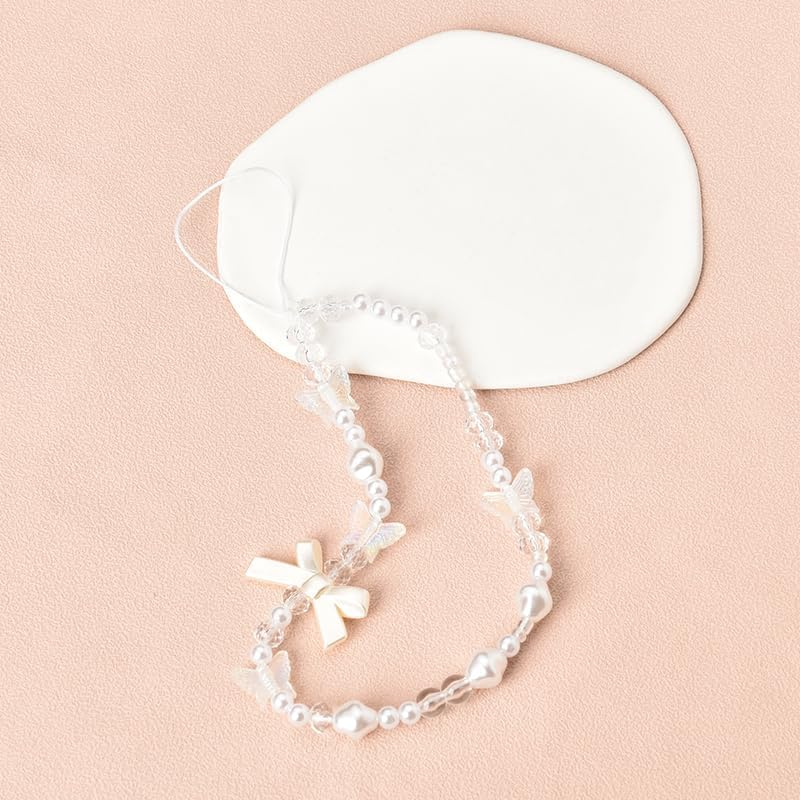 Beaded Cell Phone Lanyard for Women Girls - Bowknot Butterfly Pearl White Charm Bracelet - Handmade Anti-Lost Chain Cute Wrist Strap for Case image number 2