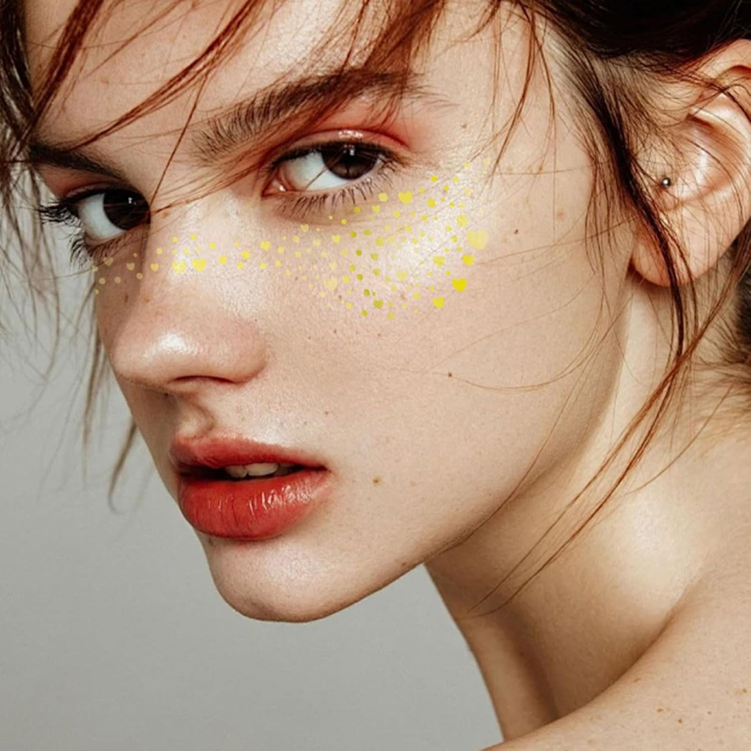 Xolixorium 10Pcs Glitter Freckles Face Tattoo - Gold & Silver Speckles Makeup Patches for Festival/Cosplay/Photo Shoots image number 4