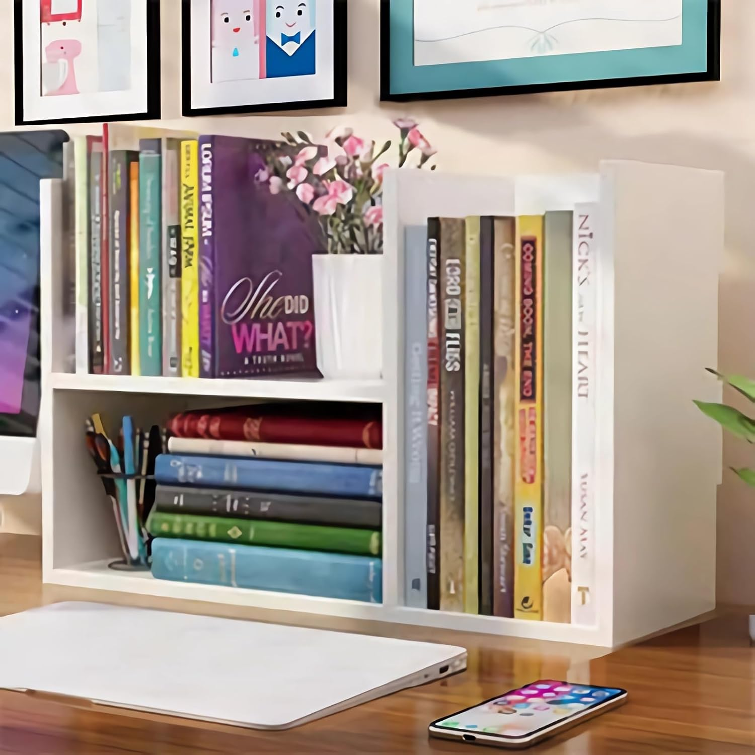 Hbluefat Small Desktop Bookcase Organizer, Wood Desk Storage Bookshelf Display Shelf/Rack for Home Office (Teak)