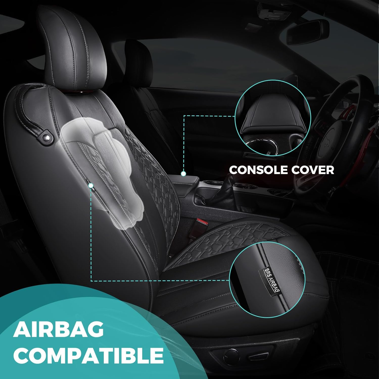 FEINEPRO Custom Fit Car Seat Covers for Ford Mustang Fastback/Mach 1/ Coupe (Not for Recaro) 2015 2016 2017 2018 2019 2020 2021 2022 2023, Waterproof Faux Leather Seat Covers Black image number 3