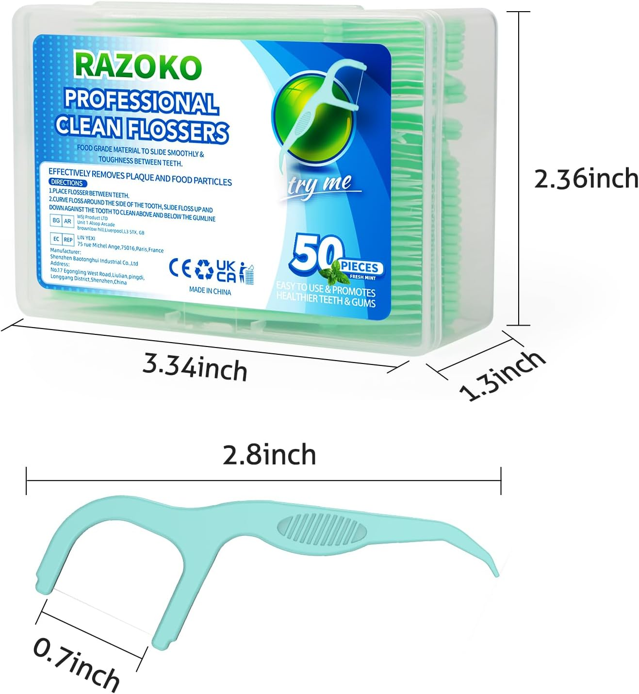 RAZOKO Dental Floss Picks Extra Strong Flosser Pick Toothpicks Fresh Mint 200 Count image number 1