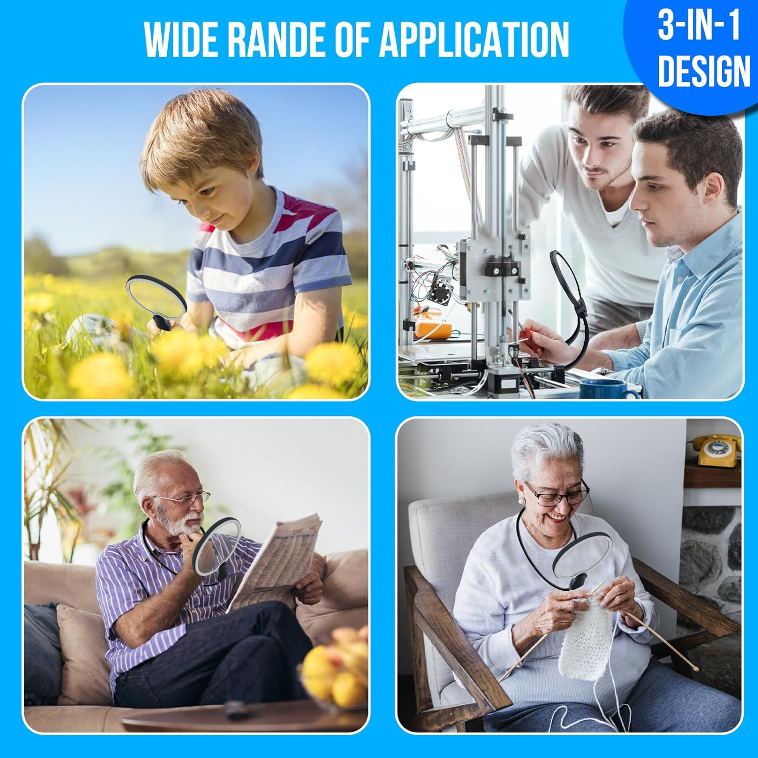 5X Hands-Free Magnifying Glass with 24 Ultra-Bright Leds Light for Reading, Sewing, Crafts, Neck Wear Large Magnifying Glass for Seniors, 3-In-1 Multi-Functional Design Magnifier with Light image number 5