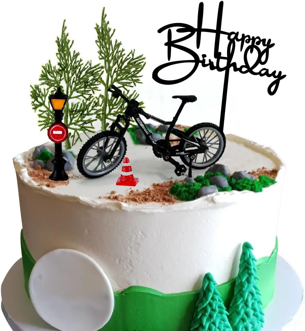 6PCS Bicycle Cake Toppers Bike Cake Decorations Set with Bicycle Street Light Road Cone Tree for Bicycle Themed Birthday Party image number 1