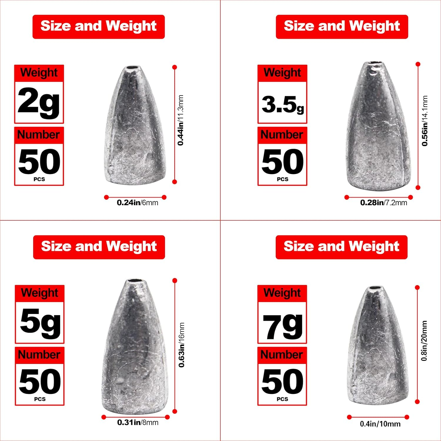 FREGITO 50Pcs Fishing Weight Sinkers, Lead Worm Weights Fishing Sinkers for Bass Fishing Texas Rigs image number 2
