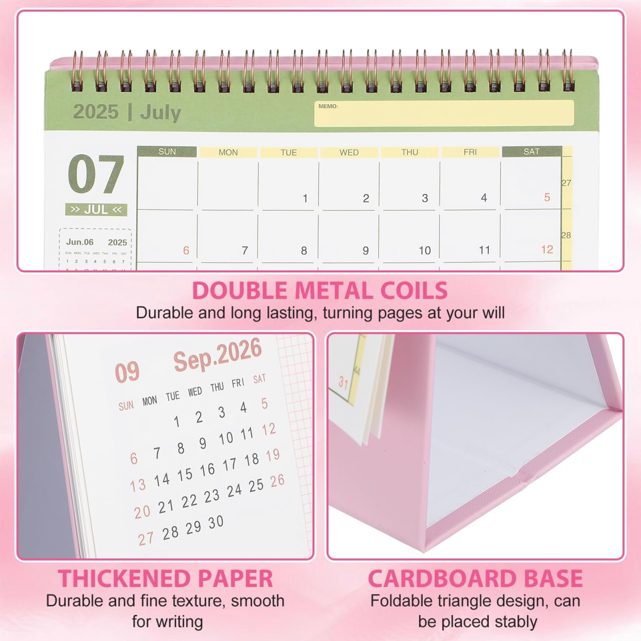 NUOBESTY Desk Calendar 2025-2026 Small Desktop Standing Flip Calendar for Home School Office Monthly Planner Pink 19X16.5Cm image number 6