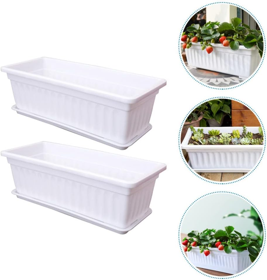 Happyyami Flower Window Box - 2Pcs Vegetable Planters - Rectangular - Long Pots with Trays - Rectangular Flower Pot White image number 3