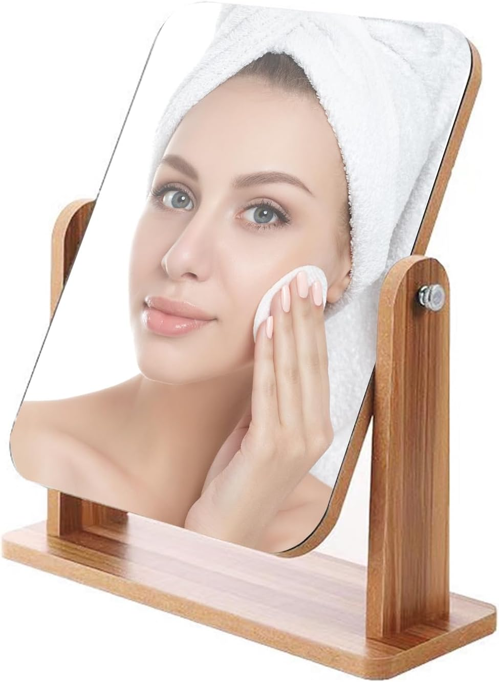 Tavvke Cosmetic Mirror with Wooden Stand, 360&deg; Rotating Single-Sided Desk Mirror, Portable Removable Tabletop Vanity Glass for Makeup, Shaving, Office, Bathroom, and Bedroom (Large) image number 3