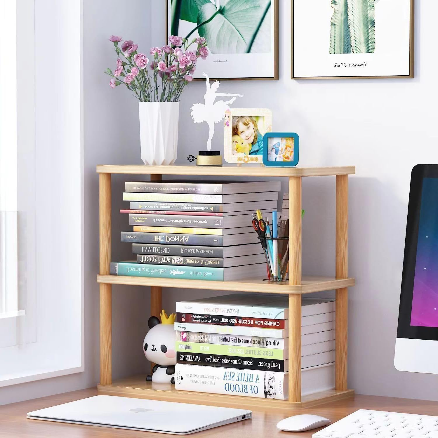 Hbluefat Desktop Organizer Shelf, 2-Tier Solid Wood Bookshelf Storage Rack, Small Countertop Bookcase Display Shelf for Home Office (Wood) image number 5