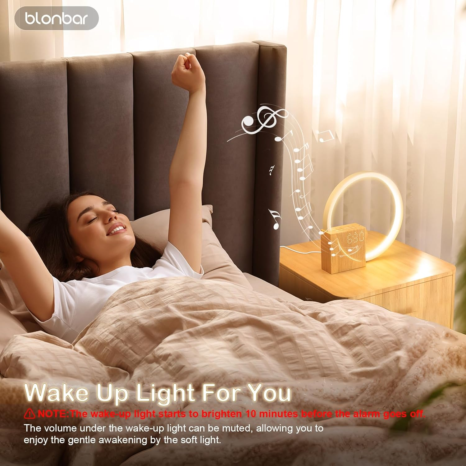 Blonbar Sunrise Alarm Clock for Heavy Sleepers, Wake up Light with Dual Alarms Sunrise Simulation USB Charging Port 4-Level Dimmable, Night Light 10 Natural Sounds Snooze Alarm Clocks for Bedrooms image number 3