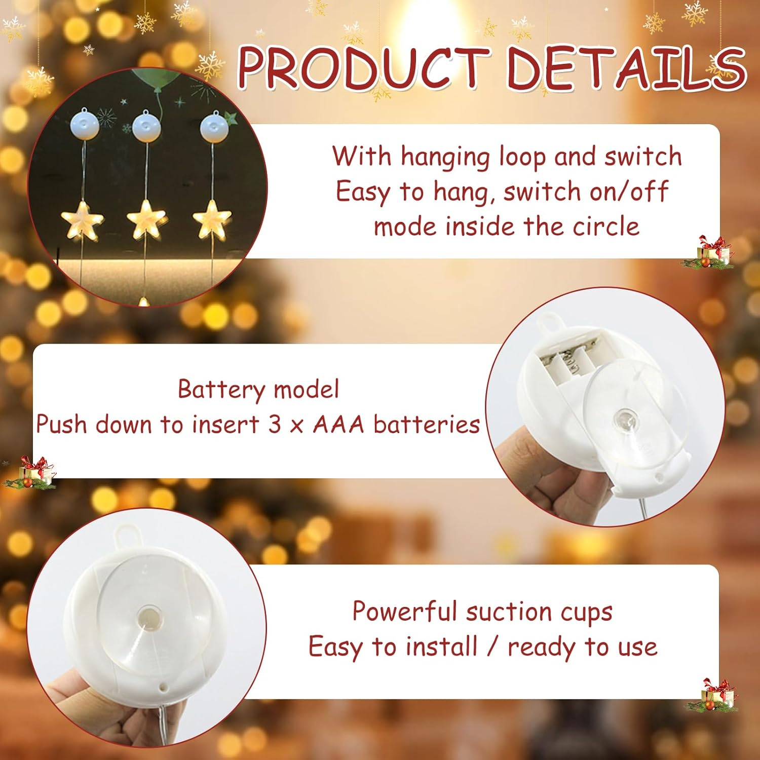 LED Star Christmas Lights, Pack of 3 LED Christmas Decoration Indoor with Timer, 4 Modes, Christmas Decoration Window Illuminated with Suction Cups, Christmas Star Window Fairy Lights for Christmas image number 4