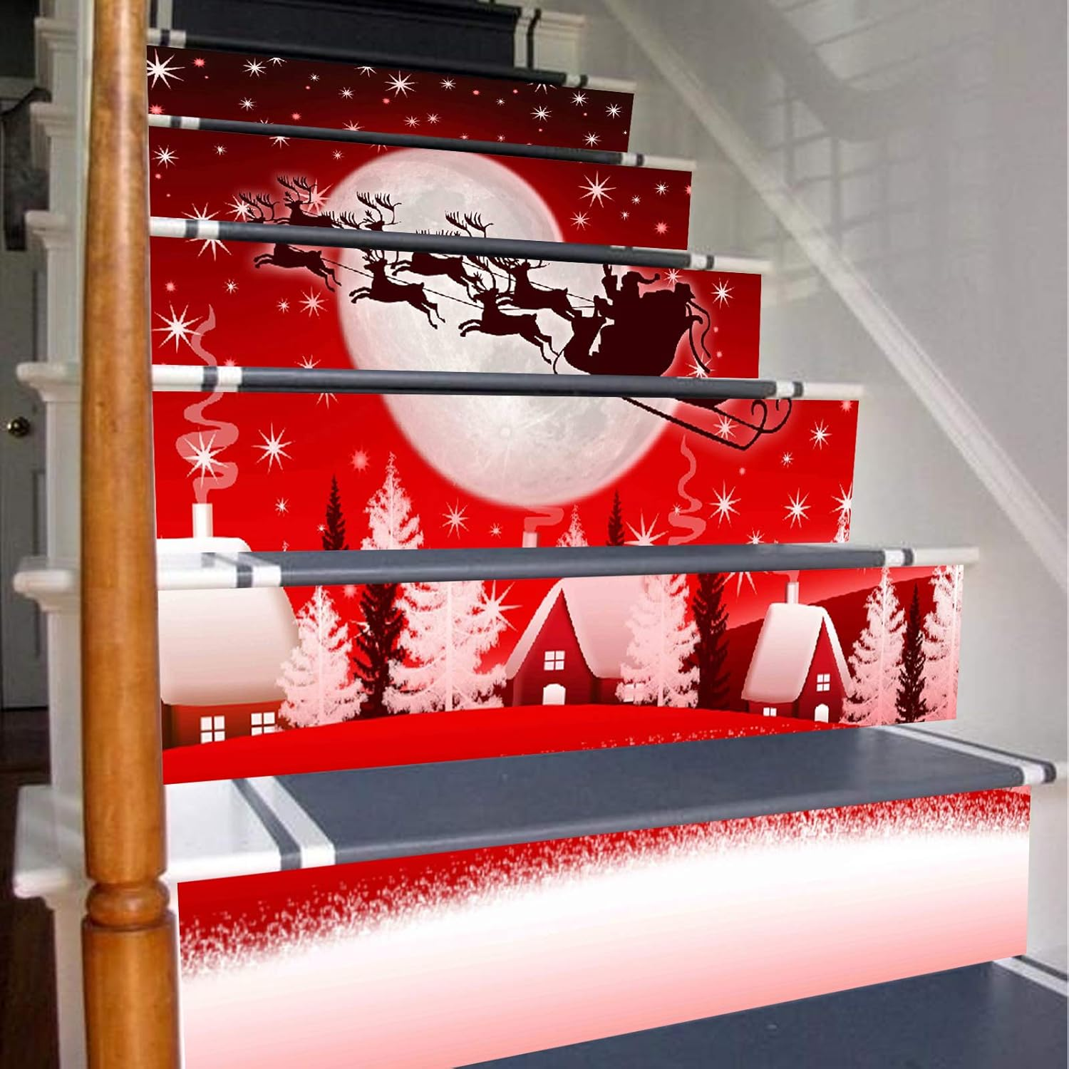 3D Christmas Stairway Sticker PVC Self-Adhesive Home Stairs Risers Stickers Removable Staircase Decals Vinyl Wall Stickers (Set of 6, Reindeer)
