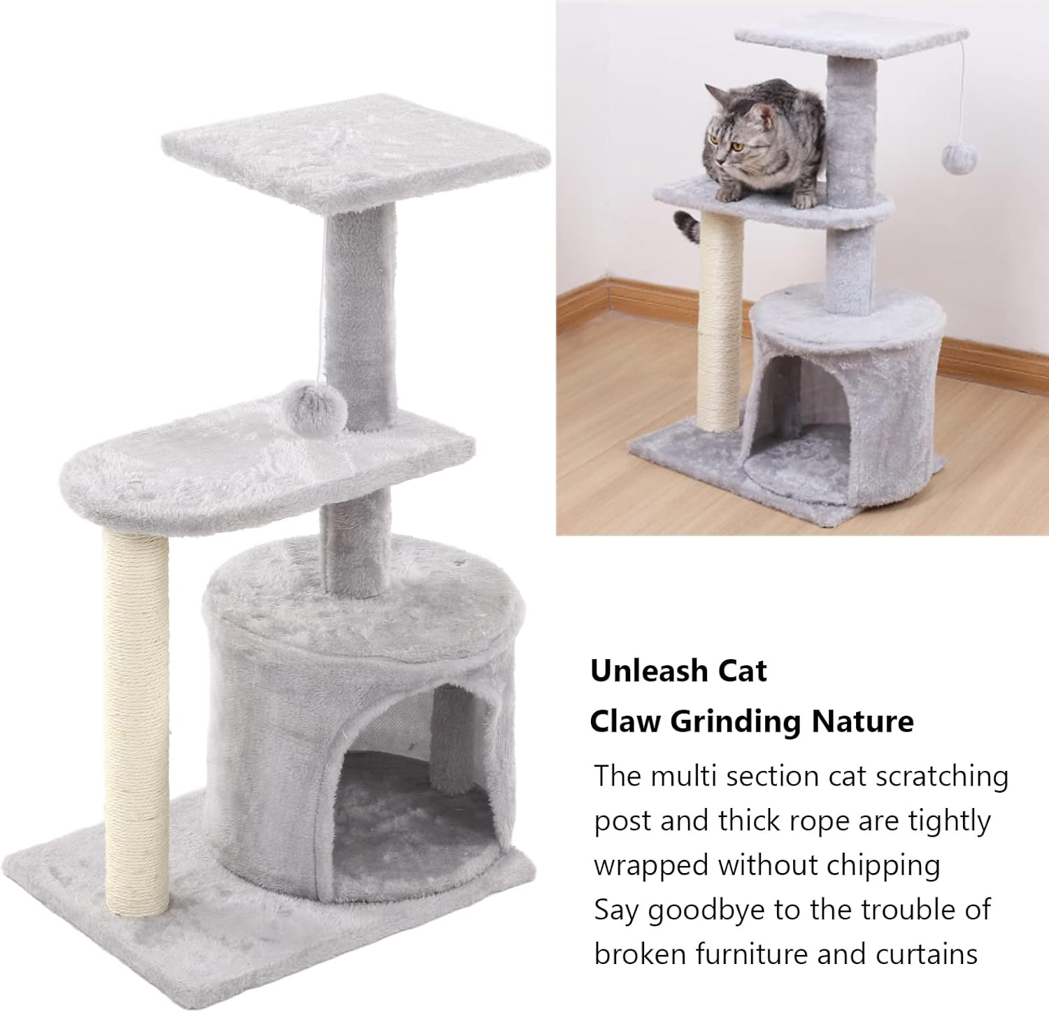 Cat Tree House, Soft Plush Cat Activity Tree with Hanging Plush Balls, Spacious Space Multi Layer Cat Scratching Tower Toy Supplies Cat Scratcher Post for All Seasons image number 6