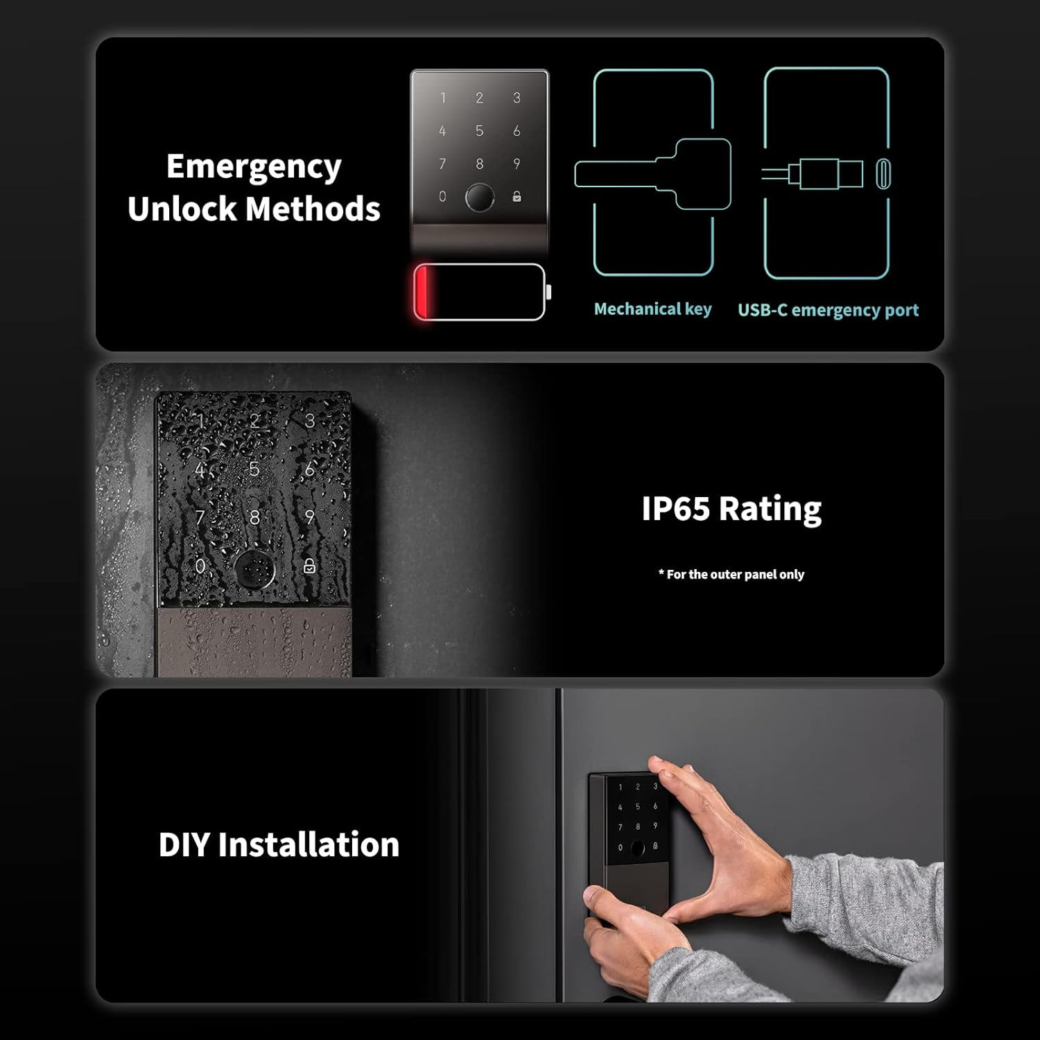 Aqara Smart Lock U100, Fingerprint Keyless Entry Door Lock with Apple Home Key, Touchscreen Keypad, Bluetooth Electronic Deadbolt, IP65 Weatherproof, Supports Apple Homekit, Alexa, Google, IFTTT, Gray image number 2