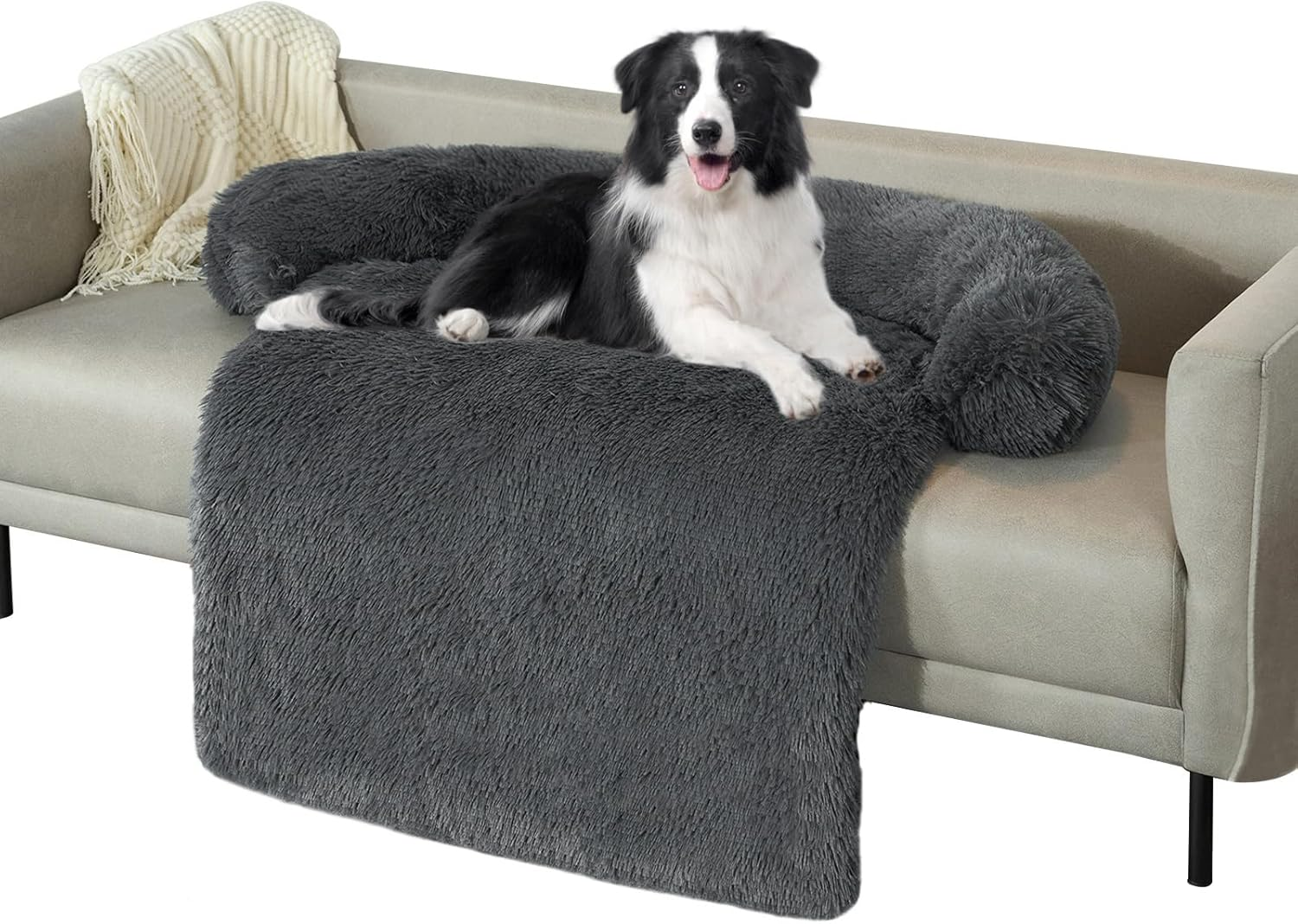 Large Calming Dog Bed Sofa Couch for Large Dogs and Cats - Fluffy Plush Mats for Furniture Protector with Washable Cover (41X37X6, Gray)