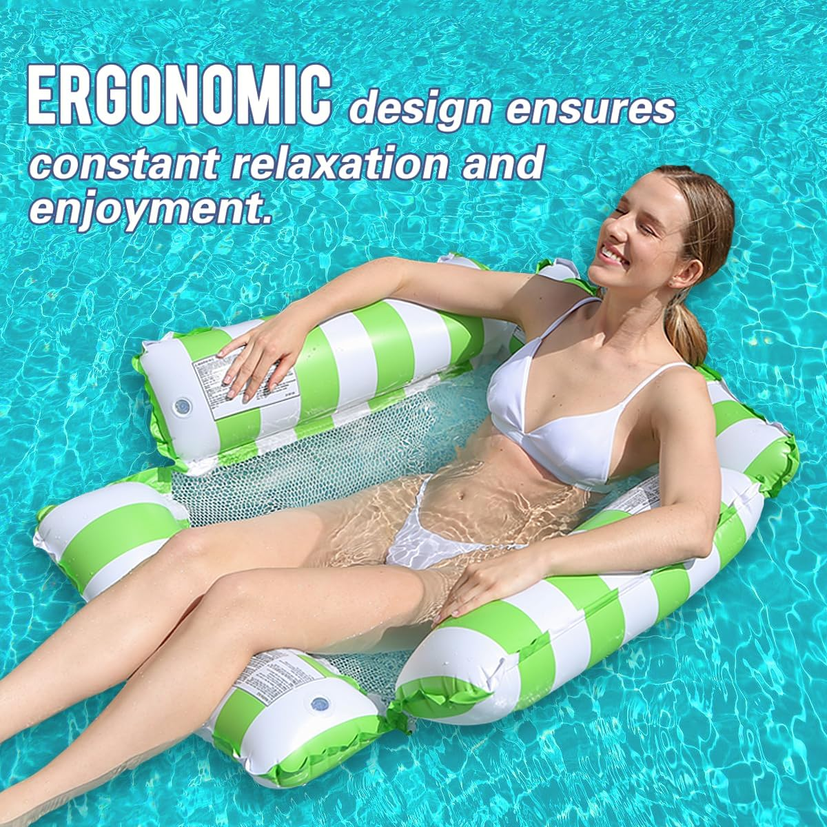 2 Pack Pool Hammock Floating Chair Lounge for Adults and Kids,4 Side Stripe Pattern Inflatable Swimming Float Water Sofa for Pool Party image number 2